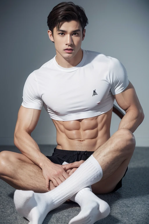 White socks on his feet，Abs male，The erection