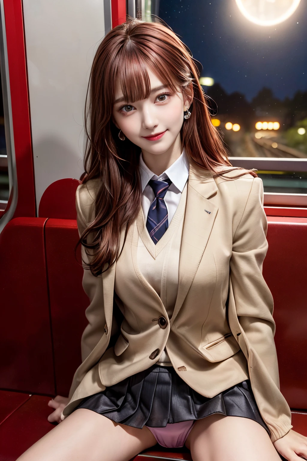 Arafed woman in a tan suit and tie sitting on a red bench - SeaArt AI