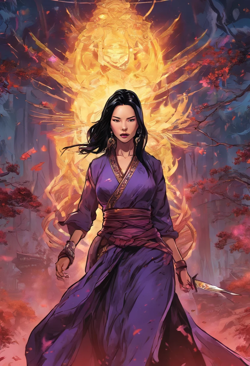 (best quality,4k,8k,highres,masterpiece:1.2),ultra-detailed,(realistic,photorealistic,photo-realistic:1.37), Lucy Liu in a battle damaged black and purple Asian dress, angry expression,detailed eyes and face,long eyelashes,tattered black dress,tattered black hair,flowing hair, she has many small scrapes and bruises, dark energy swirling around her,billowing dress,hair blowing in the wind,dark energy sparks off her hands like lightning,head to toe. set at night time in a feudal Asian village, an army of undead follow her