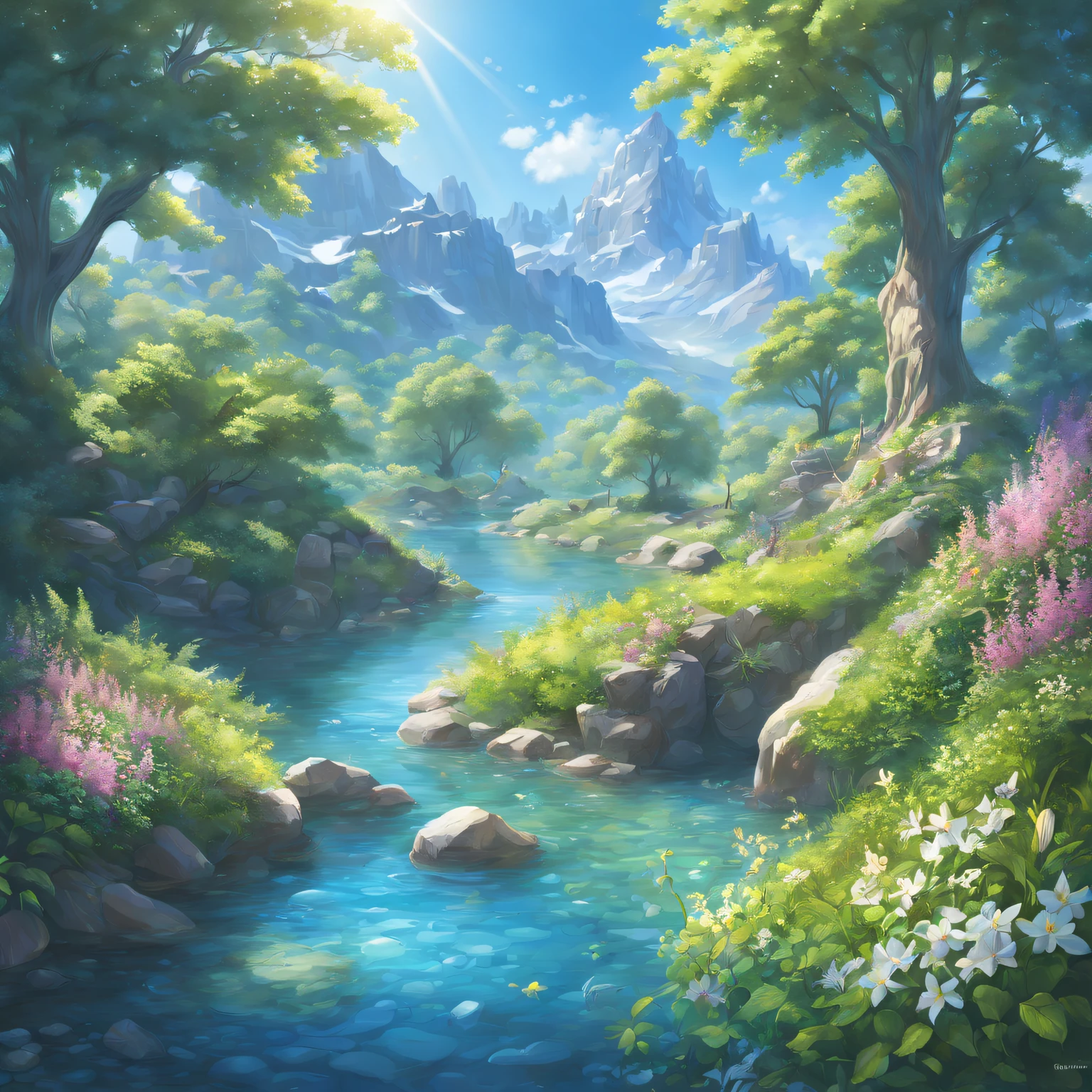 (Best quality at best,A high resolution,ultra - detailed),vivd colour,The landscape,naturey,Pure form,Utopian,Calm,serene,Abundant greenery,crystal-clear water,Plants and animals coexist harmoniously,Complicated details,Sunlight shines through the woods,Calm river water,flowers blooming,diverse wildlife,peacefulatmosphere,endless blue sky,magical,idealistic,healing energy,delicate craftsmanship,flawlessly beautiful,peacful (a plant:1.1, critters:1.1),the lush vegetation,sparkling water,effortless harmony,UnspoiledWilderness,awe-inspiring,Majestic mountain ranges,unlimited freedom,Whisper of the wind,like a dream,picturesque vista,Symphony of celestial bodies,wholesome (delicate plant:1.15, perfect wildlife:1.15),balance of light and shadow,Mysterious charm,Create miracles,Breathe in the fresh air,natural paradise,Fleeting moments,peaceful solitude,Mindful calmness,Utopian dreams