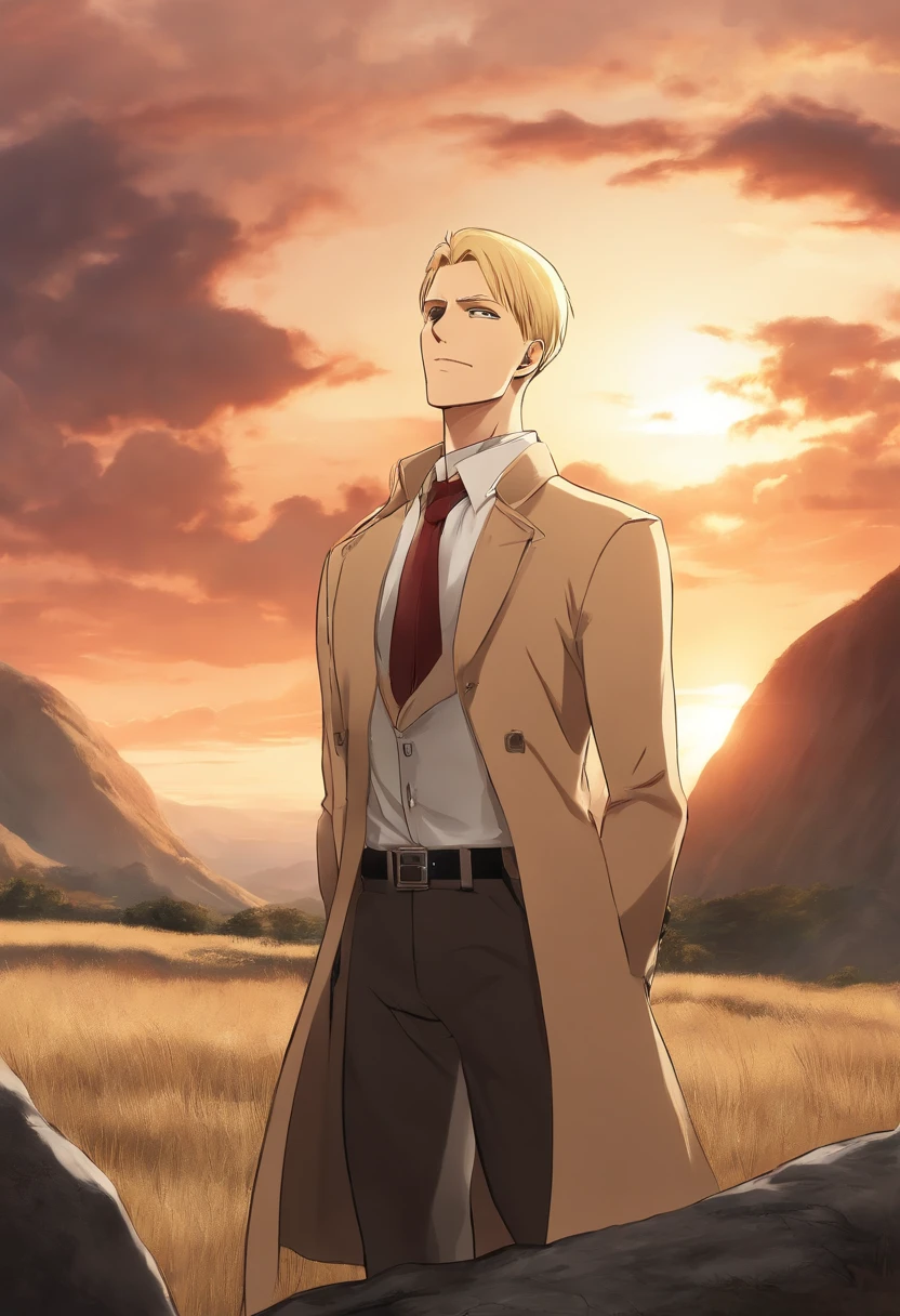 A photo of Reiner standing in front of a beautiful sunset on top of a mountain, with a conflicted expression on his face.,Attack on Titan,Reiner Braun is tall, buff, with very short blonde hair and a very short stubble goatee, small amber eyes, thin eyebrows, very masculine features. Wears a long beige coat, white dress shirt, black tie, and a red armband with a white nine-pointed star on it. (Reiner Braun from Attack on Titan), male