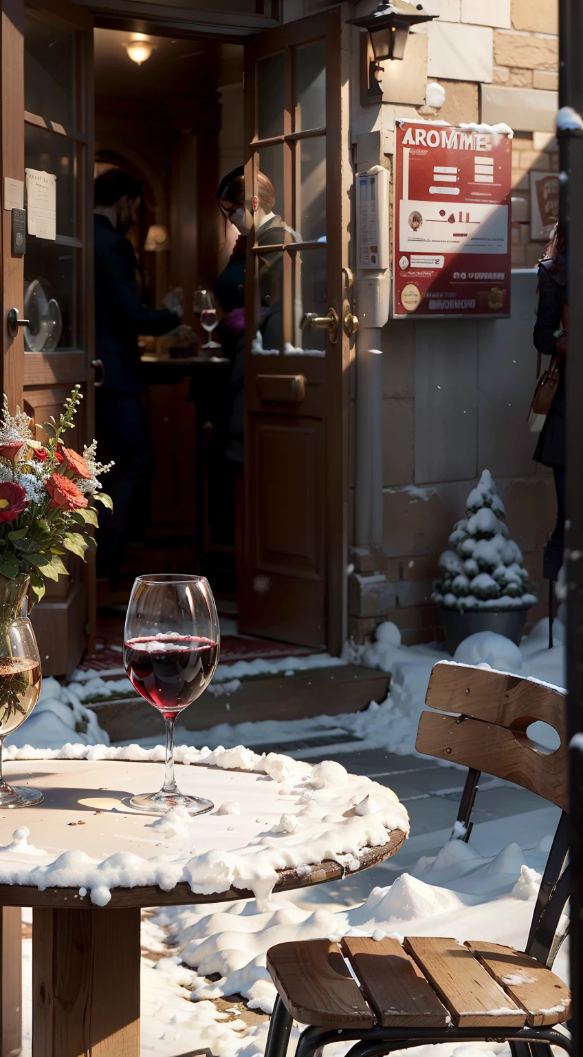 Close-up of the scene，scene capture，tmasterpiece，Corner cafe entrance，Several tables，A few chairs，(( a wine glass on the table ))，claret，coffee mug，During the day，Street side，Winter sun，Winters，There is snow，Snowman on the roadside，c4d，Empty product display scene，Front view，first person perspective，Head-up shooting，Real-world scenarios，NOhumans