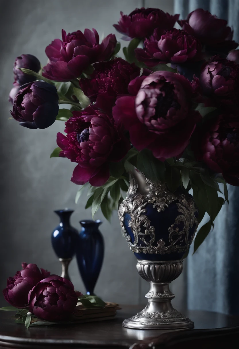 The King of Hell elegantly arranging a bouquet of deep burgundy and midnight blue peonies in a silver vase.,original,the devil, male