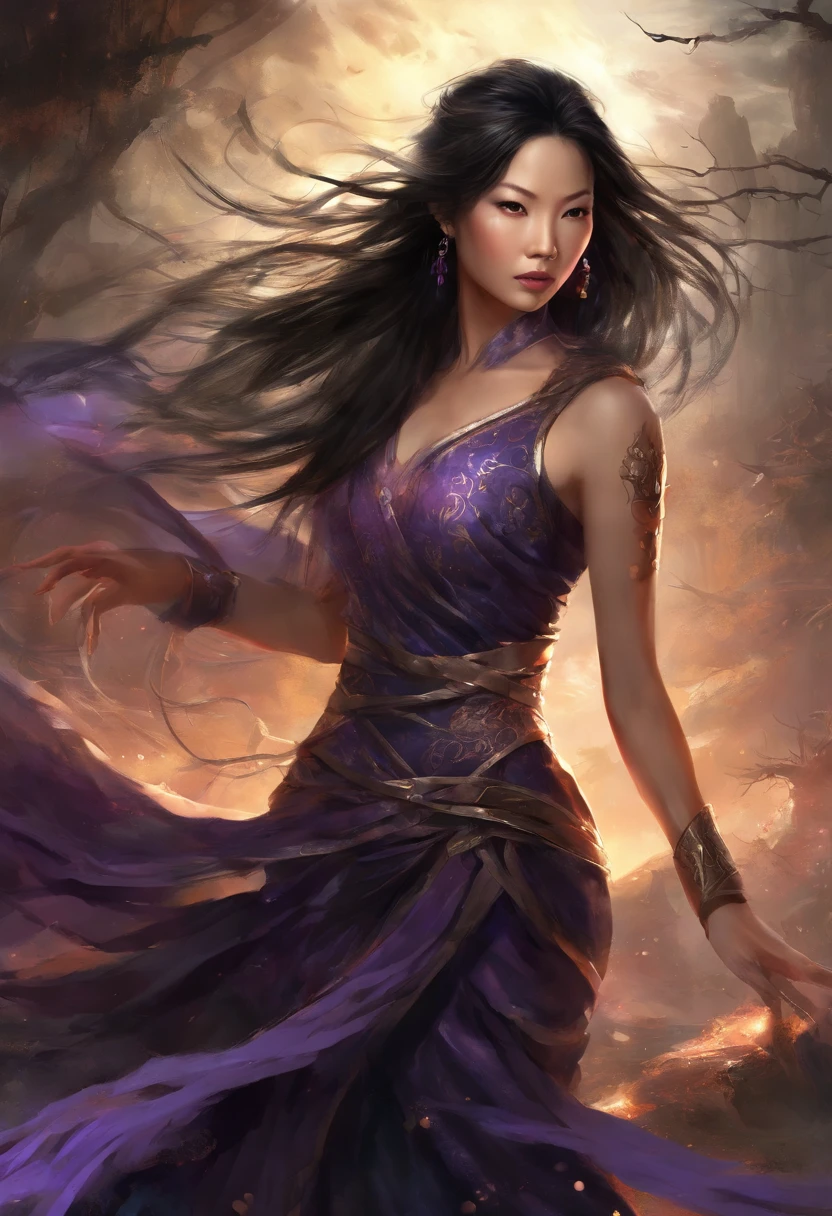 (best quality,4k,8k,highres,masterpiece:1.2),ultra-detailed,(realistic,photorealistic,photo-realistic:1.37), Lucy Liu in a battle damaged black and purple Asian dress, angry expression,detailed eyes and face,long eyelashes,tattered black dress,tattered black hair,flowing hair, she has many small scrapes and bruises, dark energy swirling around her,billowing dress,hair blowing in the wind,dark energy sparks off her hands like lightning,head to toe. set at night time in a feudal Asian village, an army of undead follow her