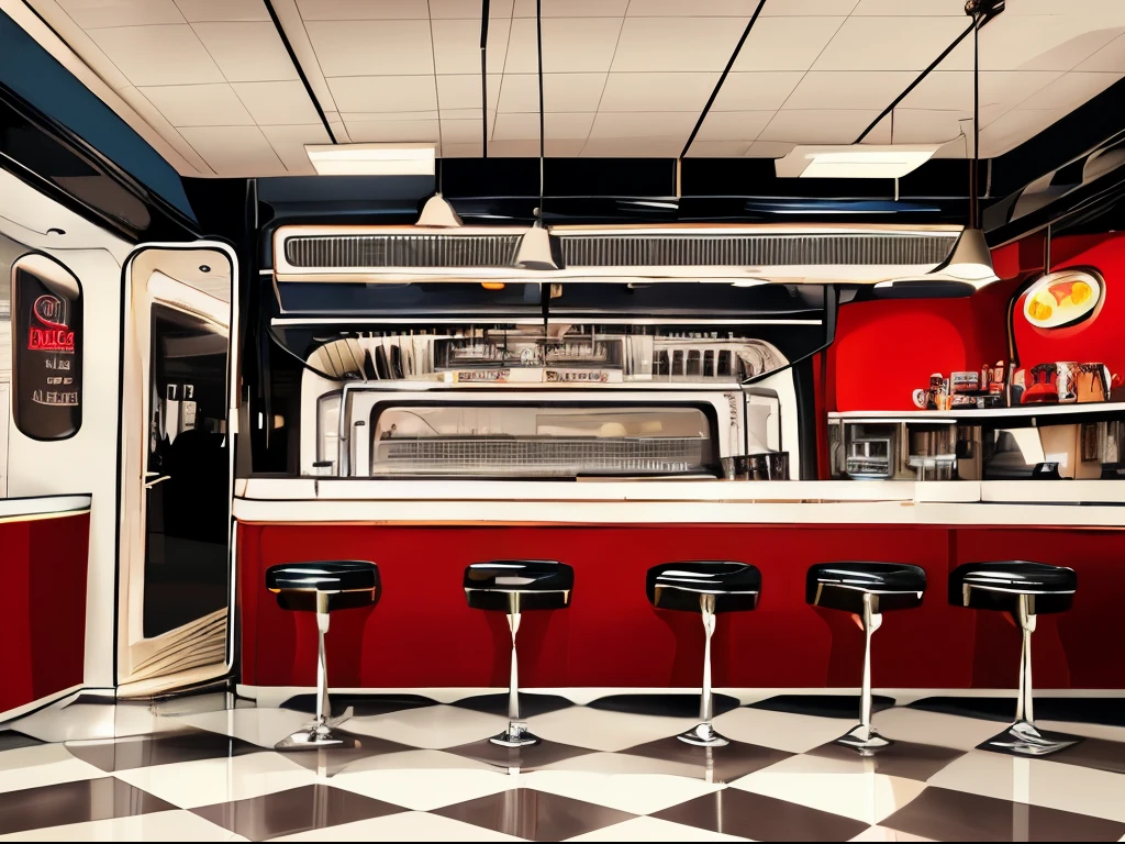 wide angle lens,The concept is a retro-futuristic diner reminiscent of the 1960s.,Large interior,wide angles,cherry red chair,white walls,jukebox,white and black check tile floor,The table, art deco, and chrome color, Coffee shop , art deco style , stainless steel , day light , luxury , details , light warm-up, fullcolor , coffee machine