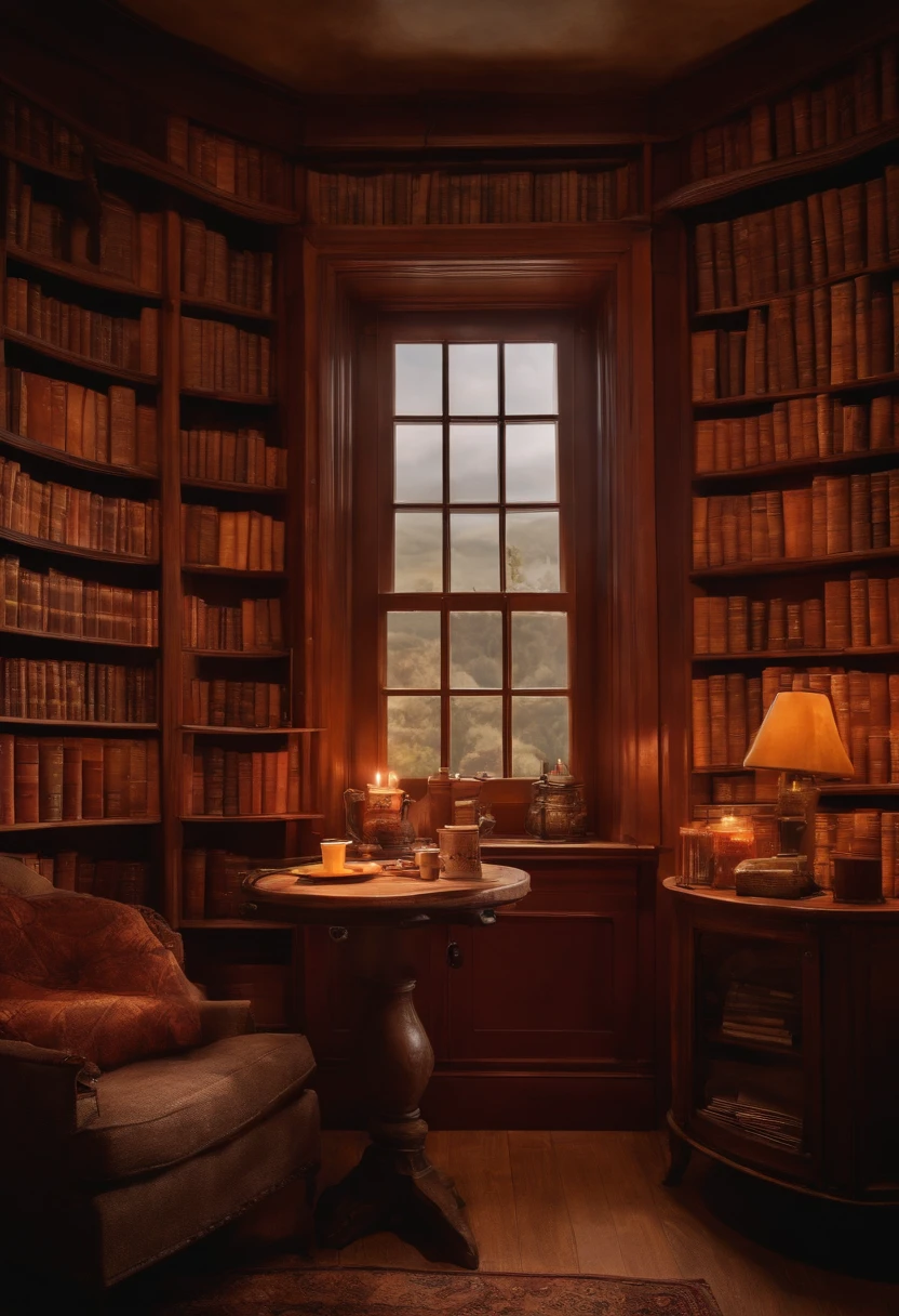 A cozy reading nook with a stack of JK Rowling's Harry Potter books and a warm cup of butterbeer,original,Portrayed by Stephen King, the American author, himself, male