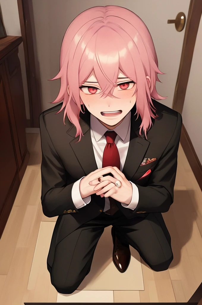 Pov, 1man, anime, with tears, anime style, medium long pink hair with Mullet, red eyes, pale skin, Failed proposal of marriage, being rejected for marriage proposal, crying, in shock, sad, with a ring box in his hand, on one knee, in a house, looking at the camera, wearing a black suit, (masterpiece), best quality, expressive eyes, perfect face