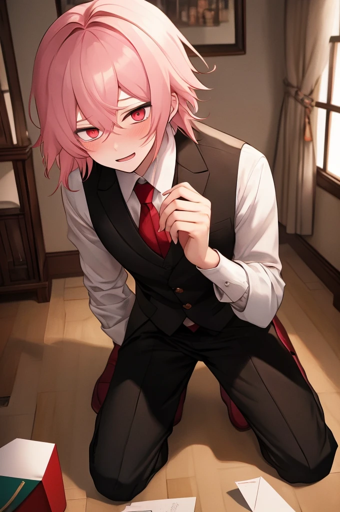 Pov, 1man, anime, with tears, anime style, medium long pink hair with Mullet, red eyes, pale skin, Failed proposal of marriage, being rejected for marriage proposal, crying, in shock, sad, with a ring box in his hand, on one knee, in a house, looking at the camera, wearing a black suit, (masterpiece), best quality, expressive eyes, perfect face