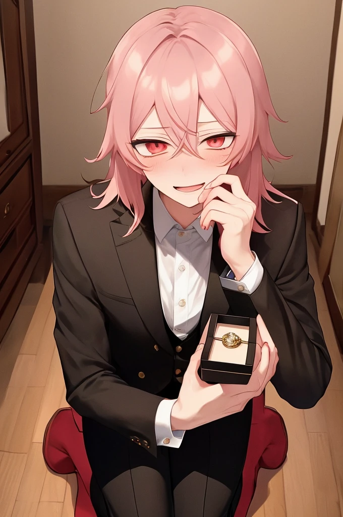 Pov, 1man, anime, with tears, anime style, medium long pink hair with Mullet, red eyes, pale skin, Failed proposal of marriage, being rejected for marriage proposal, crying, in shock, sad, with a ring box in his hand, on one knee, in a house, looking at the camera, wearing a black suit, (masterpiece), best quality, expressive eyes, perfect face