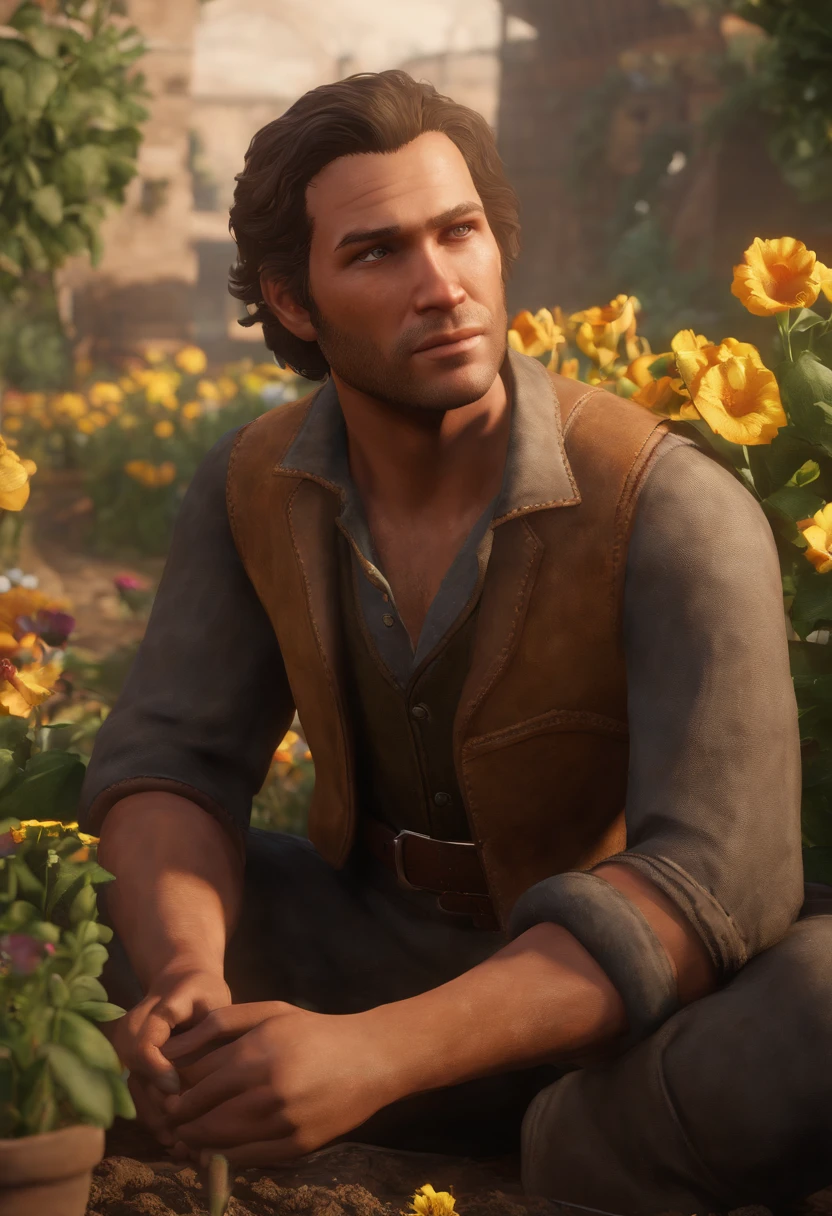 The image is of a group of children planting flowers in a community garden, their faces lit up with joy and determination.,Red Dead Redemption 2,Arthur is a tall 36 year old human male with a stocky build. He is 6'3, weighing roughly 230lbs. He had light skin, green eyes, thick brown hair that is kept in a swept back style, and no visible scars aside from a small one on his chin., male
