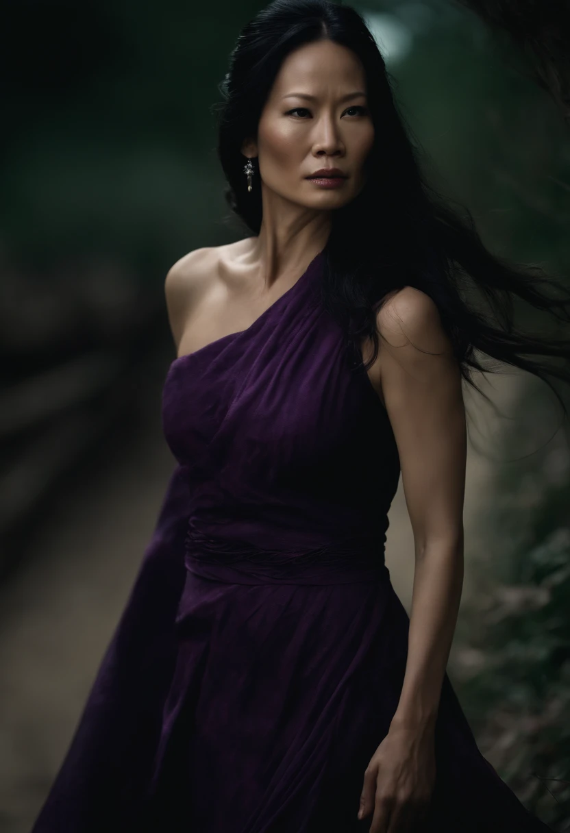 (best quality,4k,8k,highres,masterpiece:1.2),ultra-detailed,(realistic,photorealistic,photo-realistic:1.37), Lucy Liu in a battle damaged black and purple Asian dress, angry expression,detailed eyes and face,long eyelashes,tattered black dress,tattered black hair,flowing hair, she has many small scrapes and bruises, dark energy swirling around her,billowing dress,hair blowing in the wind,dark energy sparks off her hands like lightning,head to toe. set at night time in a feudal Asian village, an army of undead follow her