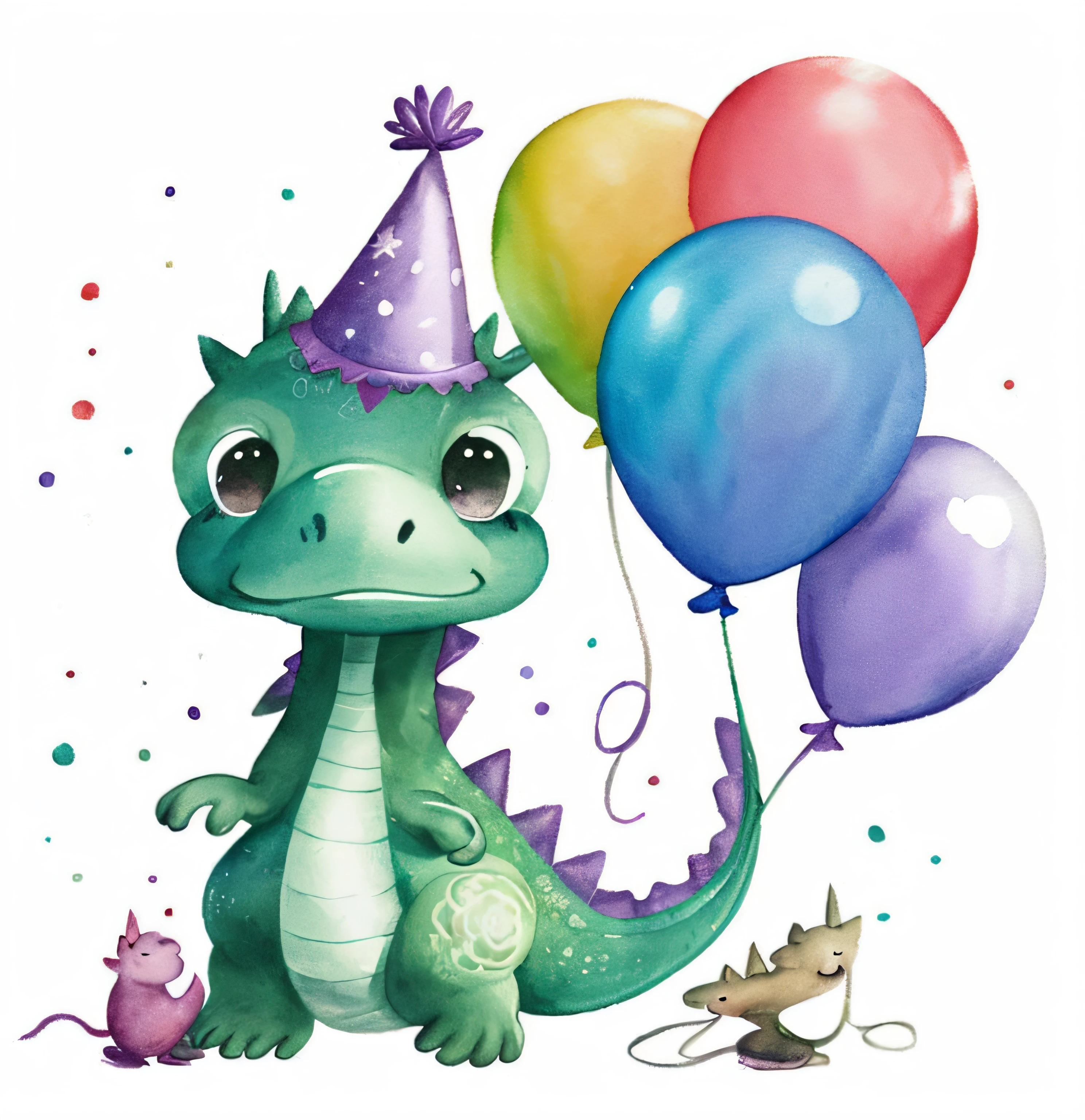 a close up of a watercolor painting of a dinosaur with balloons, cute little dragon, illustration!, cute artwork, very cute purple dragon, a dragon with a hat, happy birthday, by Károly Lotz, aww, cute illustration, scaly!!!, birthday, pastry lizard, cute detailed artwork, a cute little blue dragon, magical mood, watercolor illustration