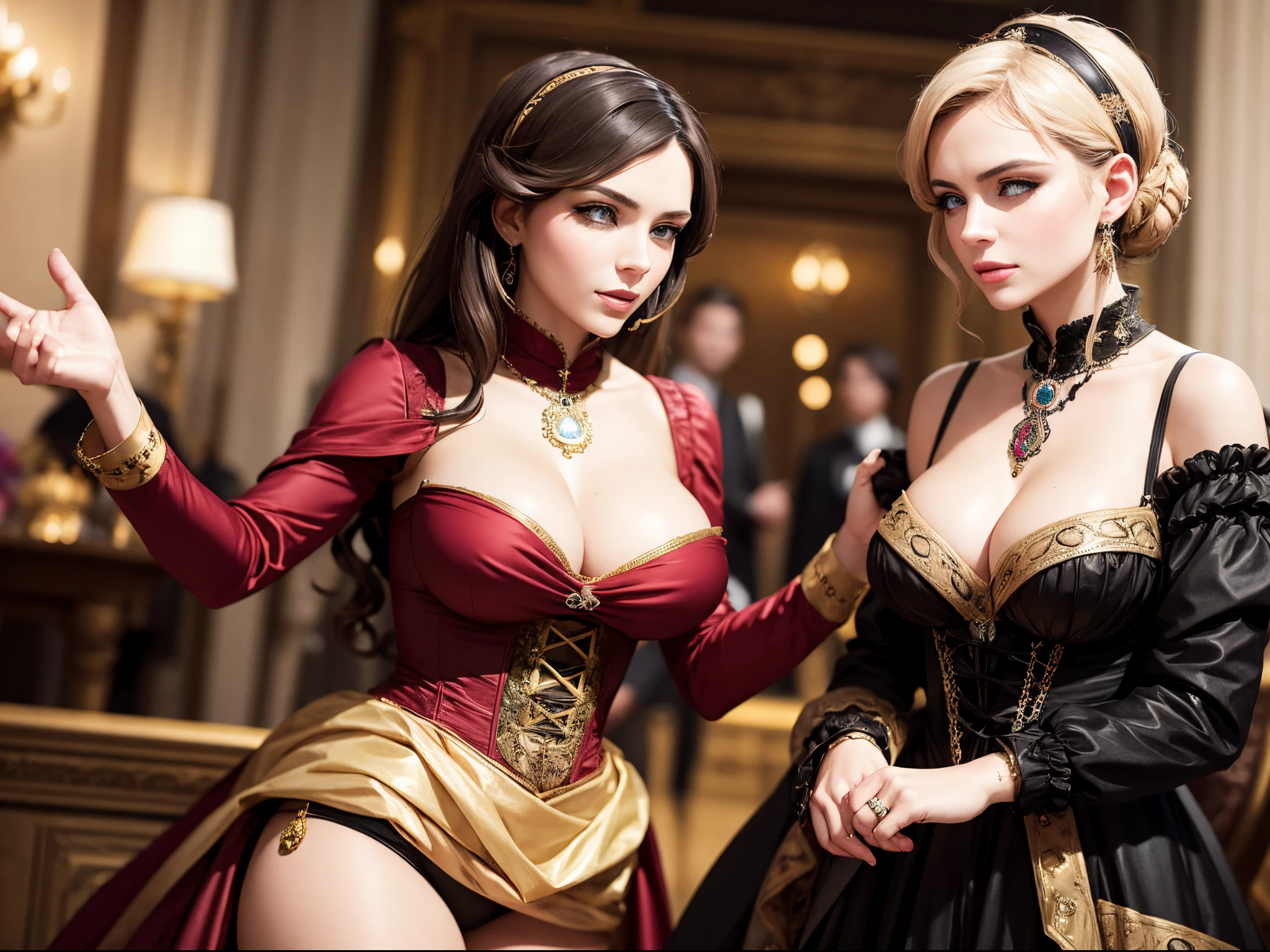 A steampunk aristocrat attends a ball, wearing a Leonardo AI-fabricated dress and jewelry, which change color and shape according to her mood and preferences. large breast