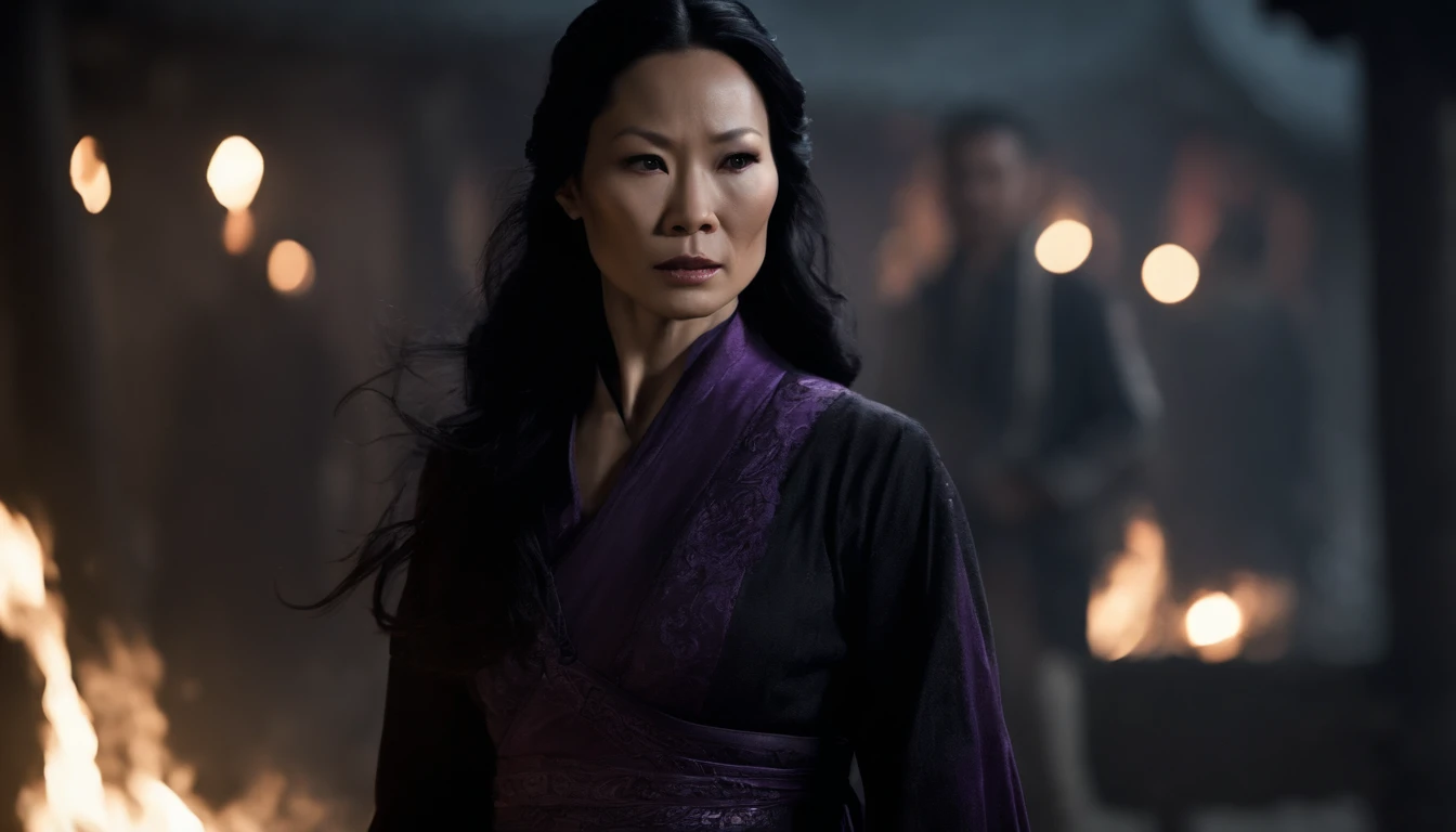 (best quality,4k,8k,highres,masterpiece:1.2),ultra-detailed,(realistic,photorealistic,photo-realistic:1.37), Lucy Liu in a battle damaged black and purple Asian dress, angry expression,detailed eyes and face,long eyelashes,tattered black dress,tattered black hair,flowing hair, she has many small scrapes and bruises, dark energy swirling around her,billowing dress,hair blowing in the wind,dark energy sparks off her hands like lightning,head to toe. set at night time in a feudal Asian village, an army of undead follow her