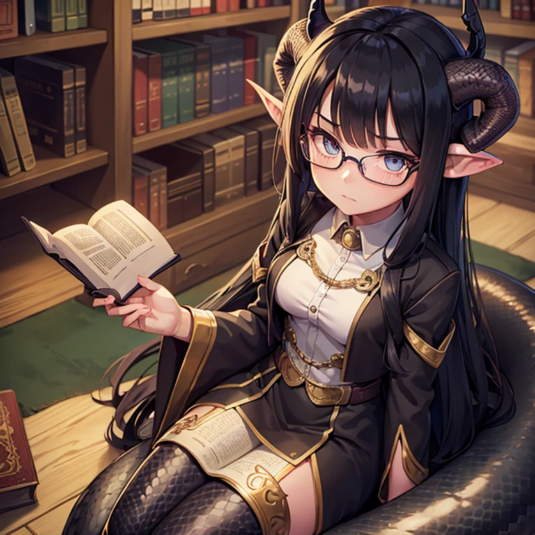 detailed snake skin, (teen girl), solo focus, (lamia), stoic, monster girl, (short horns), beautiful eyes, thick glasses, long black hair, holding a book, uniform, pointed ears, in a library, shy
