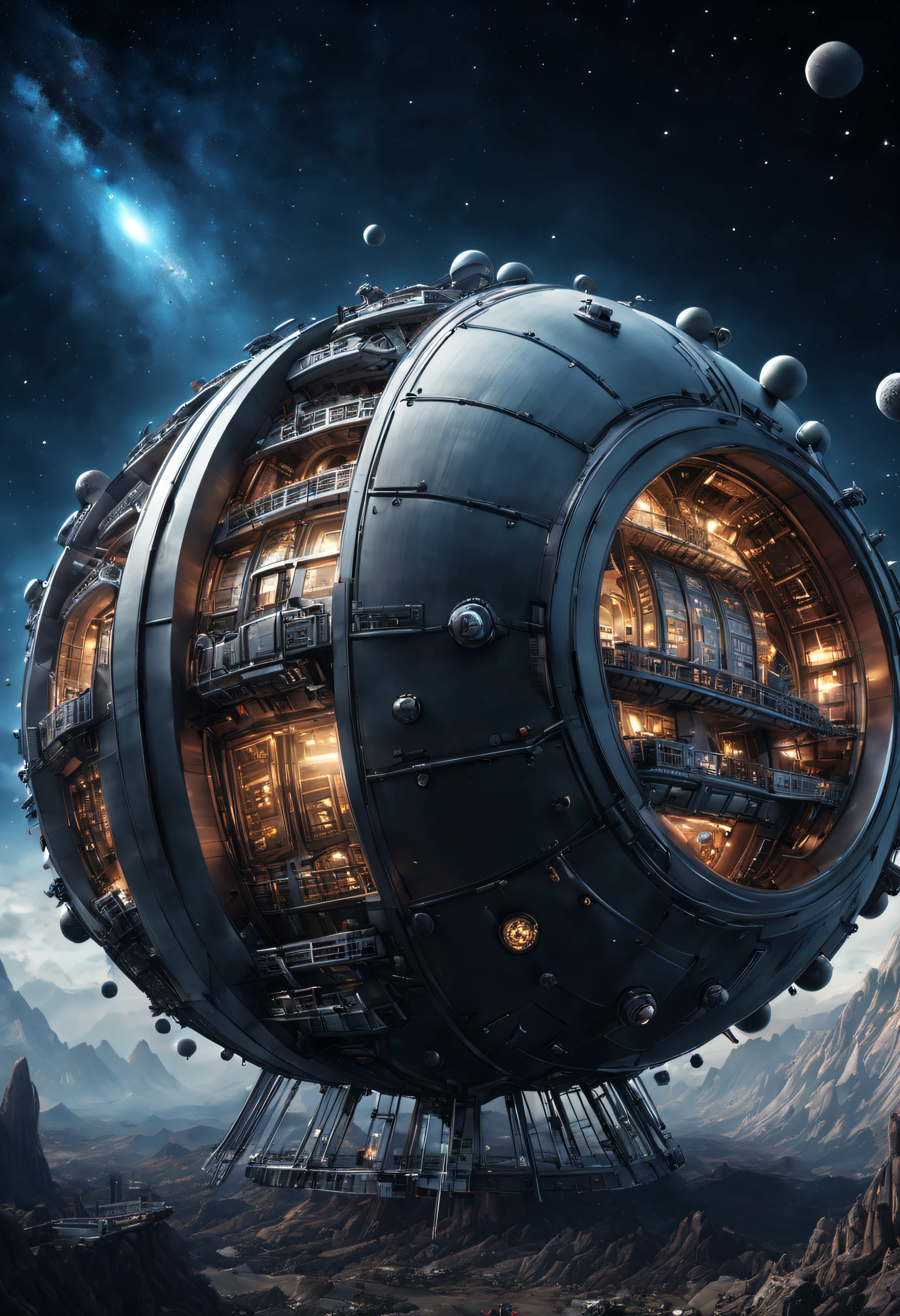 （Very unified cg scene design），（Rows of giant capsule-shaped titanium houses in outer space），Complex structure，gear wheel，Titanium Alloy，Sophisticated construction，Ultra-complex structures，future people，sci-fy，Shoot from the bottom up，Background with：cosmic starry sky