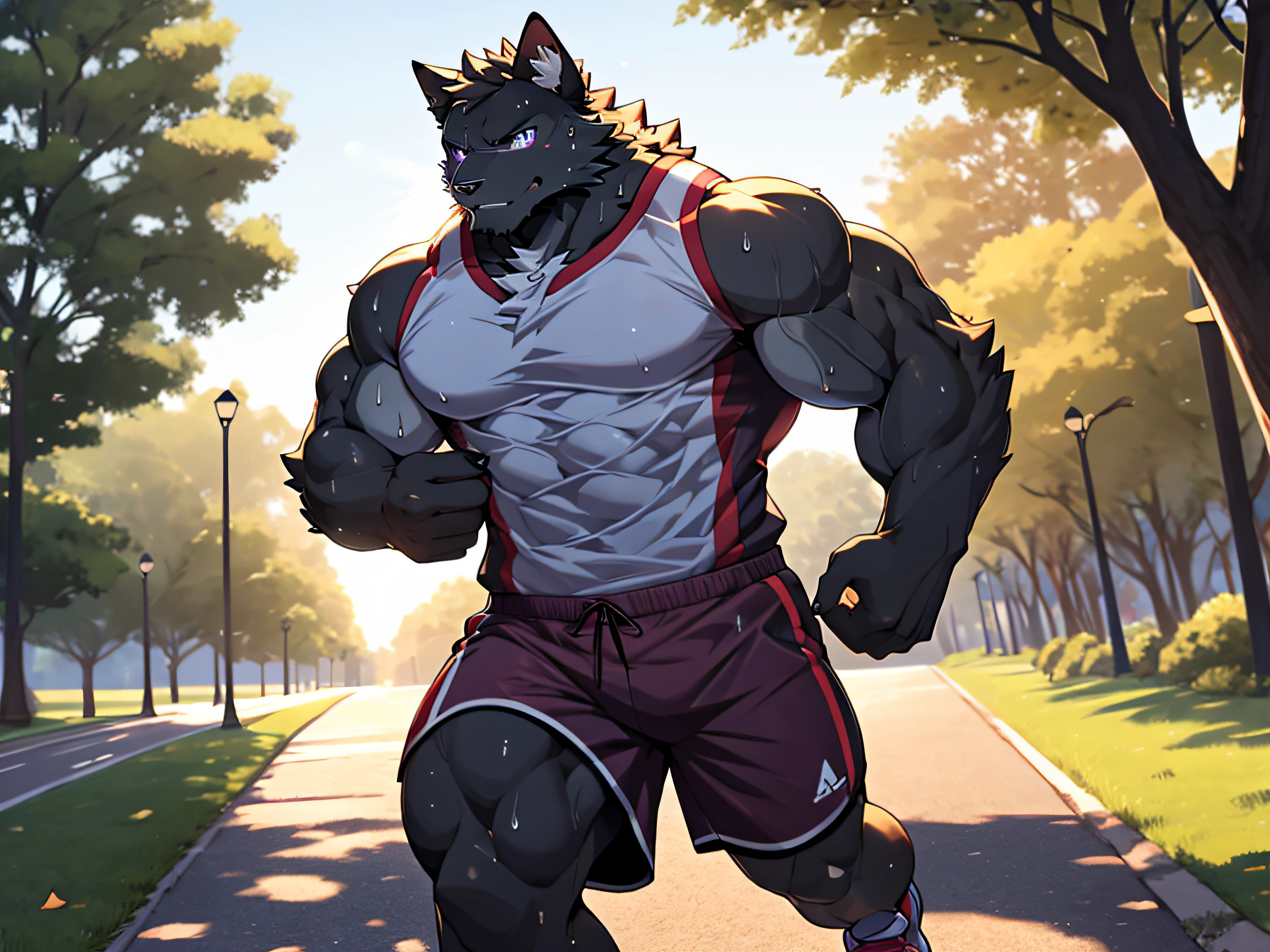 furry,bara,cats,masculine,All black feathers,purple eyes,No shirt..,He wore red and white striped shorts.,Wear running shoes.,muscular,Running in the park,The sun is about to set..,There are clear sweat stains on the body..