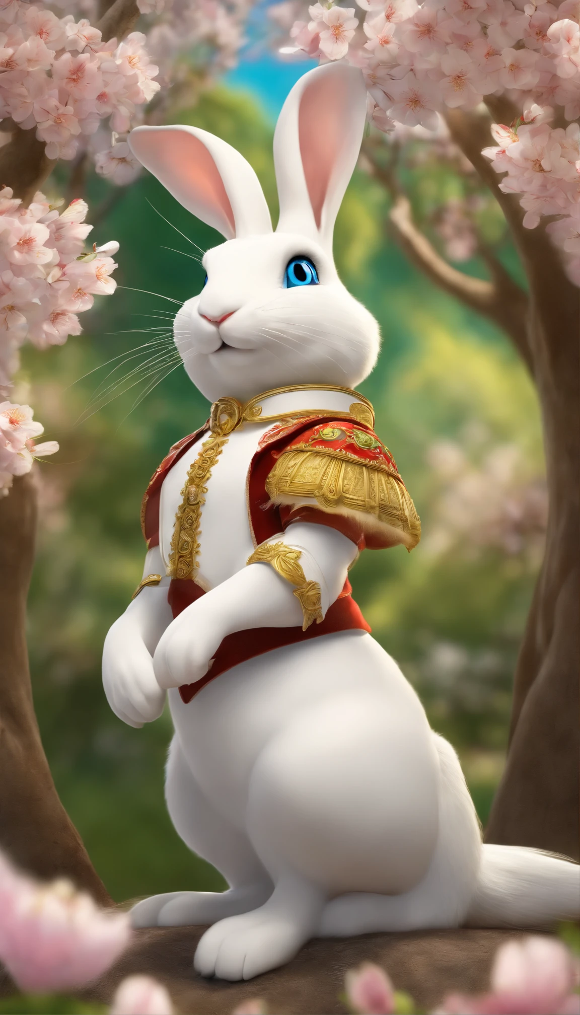 (A snow-white rabbit),(actual,realisticlying),(Detailed pubic hair,finely detailled),(soft fur),(Bright blue eyes),(Playful expression),(In a lush green garden),(Under the cherry blossom trees),(Surrounded by colorful flowers),(A golden crown is worn on his head),(against the blue sky),(sunshines through the leaves),(Capture magical moments),(with a dreamy atmosphere),(vivd colour),