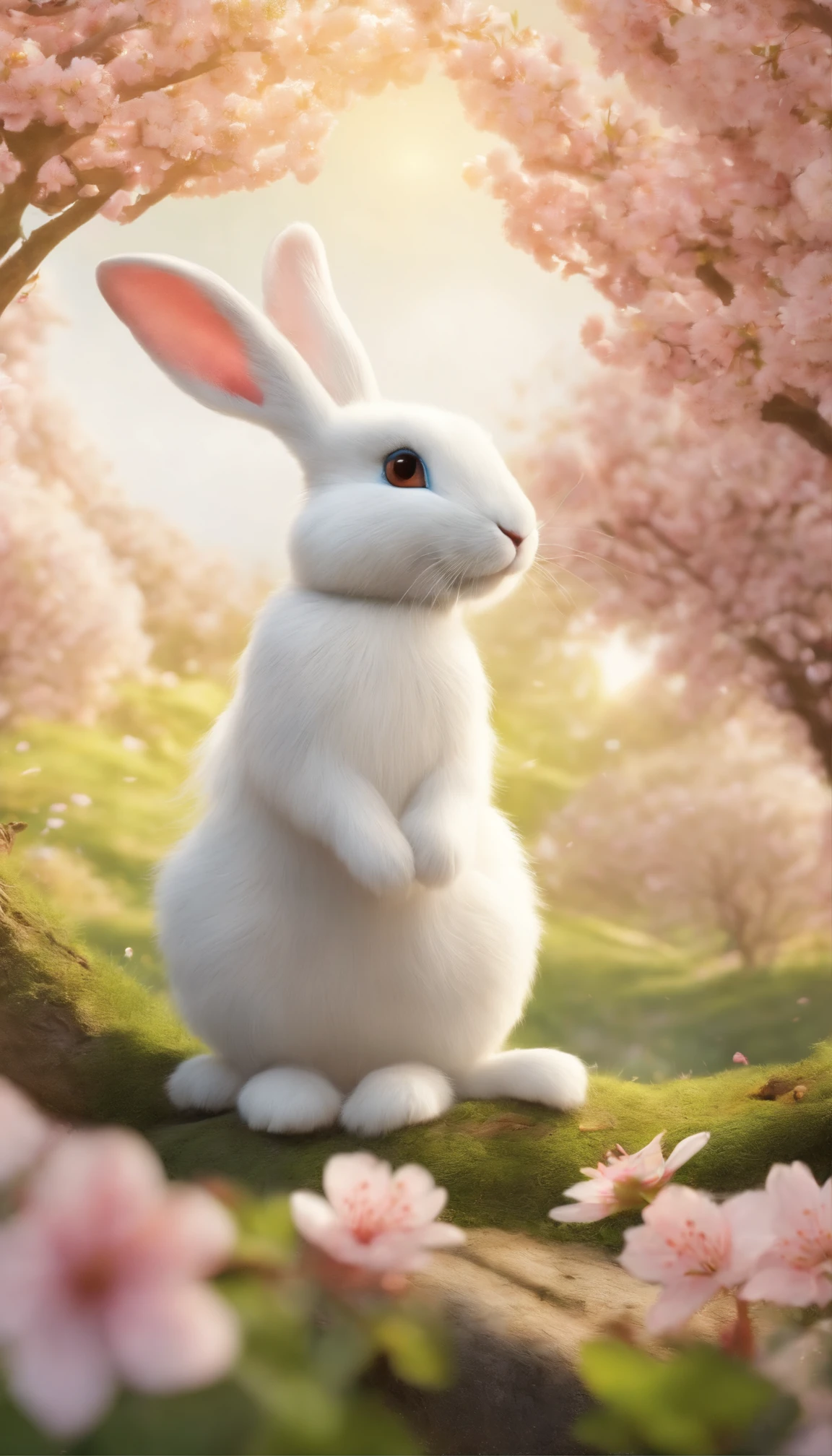 (A snow-white rabbit),(actual,realisticlying),(Detailed pubic hair,finely detailled),(soft fur),(Bright blue eyes),(Playful expression),(In a lush green garden),(Under the cherry blossom trees),(Surrounded by colorful flowers),(A golden crown is worn on his head),(against the blue sky),(sunshines through the leaves),(Capture magical moments),(with a dreamy atmosphere),(vivd colour),
