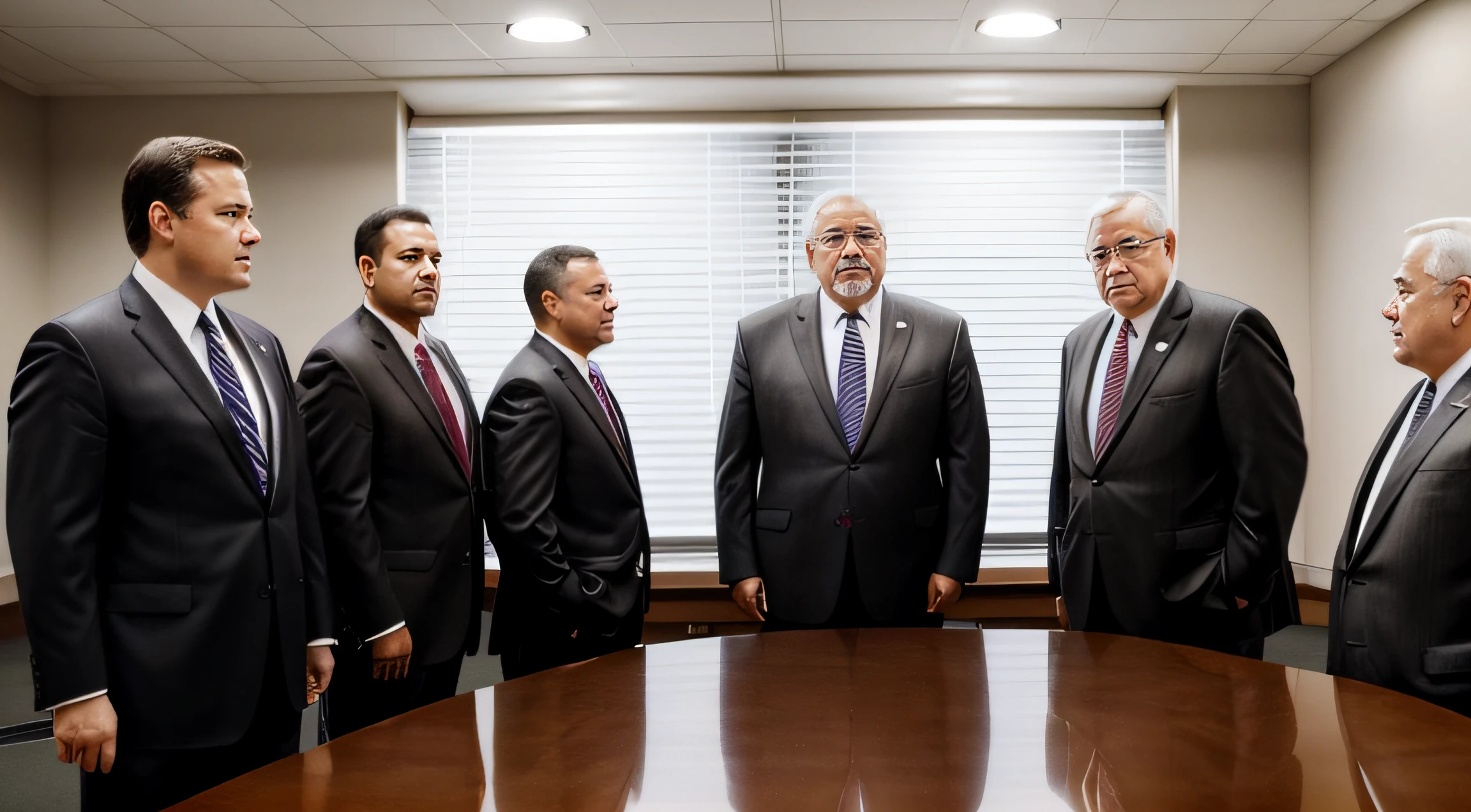 Jehovah's Witnesses、Governing body、Small Conference Room、Four fat old men discuss、(((Americana)))、(((White or black)))、Suits、high-level image quality、high-detail