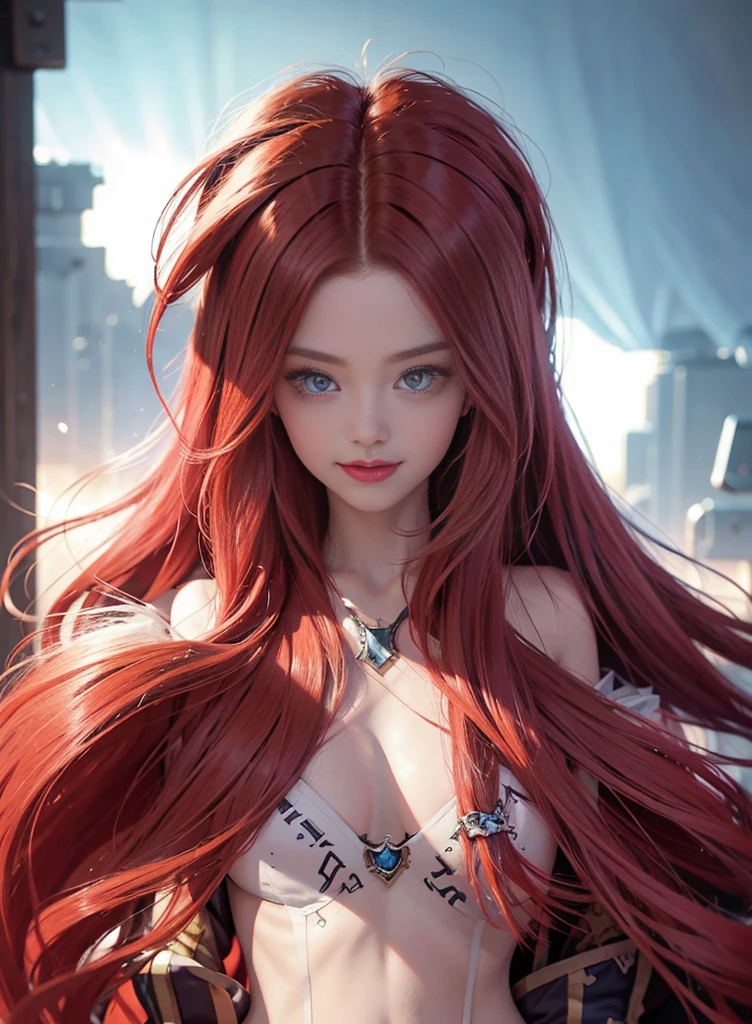 fluorescent red hair long hair，Nice face，red bikinis，Heterochromatic pupil，ssmile，rays of sunshine，Full body photo，a pirate