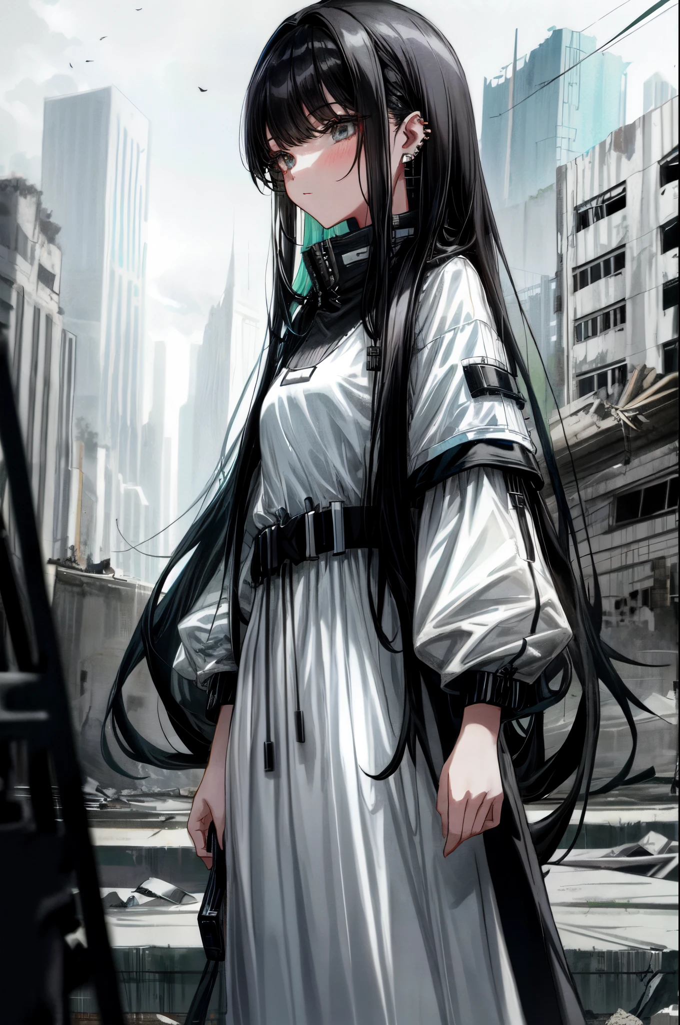 fashion magazine, a girl,Long black hair,ear studs, Among the ruins of the city,tech wear, White dress, add_detail:1