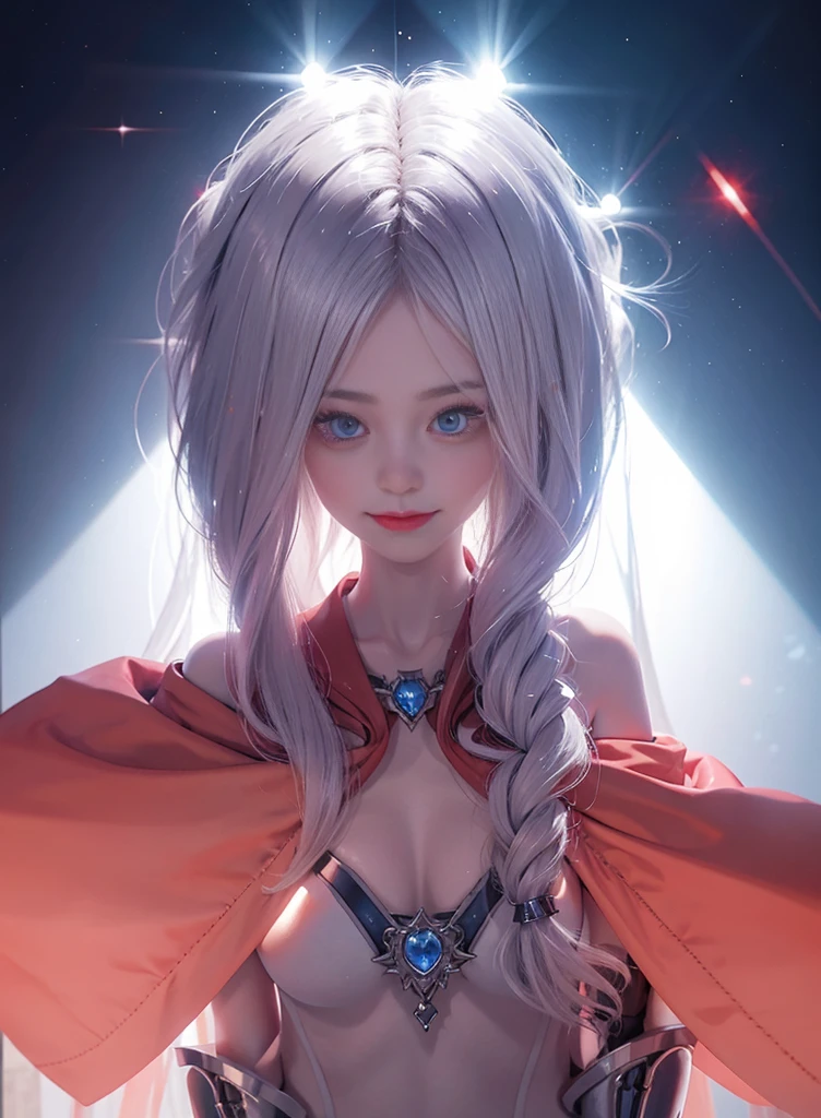Fluorescent silver long hair,Nice face,red bikinis,Heterochromatic pupil,ssmile,rays of sunshine,Full body photo