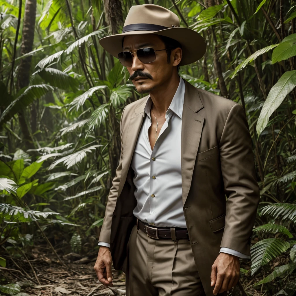 50 years old，Hidetoshi Nakata ，（Kogoro Mouri 1.3), A man in dress in safari clothe,  Ray ban sunglasses, tong, mustache，little beard, in the jungle, hunt animal, epic scene, masterpiece，4k hd