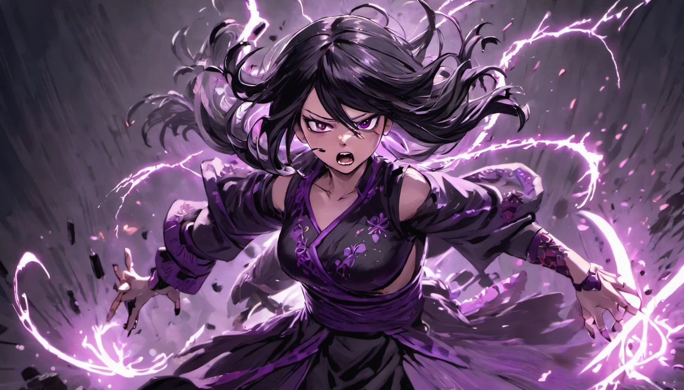 (best quality,4k,8k,highres,masterpiece:1.2),ultra-detailed,(realistic,photorealistic,photo-realistic:1.37), Lucy Liu in a battle damaged black and purple Asian dress, angry expression,detailed eyes and face,long eyelashes,tattered black dress,tattered black hair,flowing hair, she has many small scrapes and bruises, dark energy swirling around her,billowing dress,hair blowing in the wind,dark energy sparks off her hands like lightning,head to toe. set at night time in a feudal Asian village, an army of undead follow her