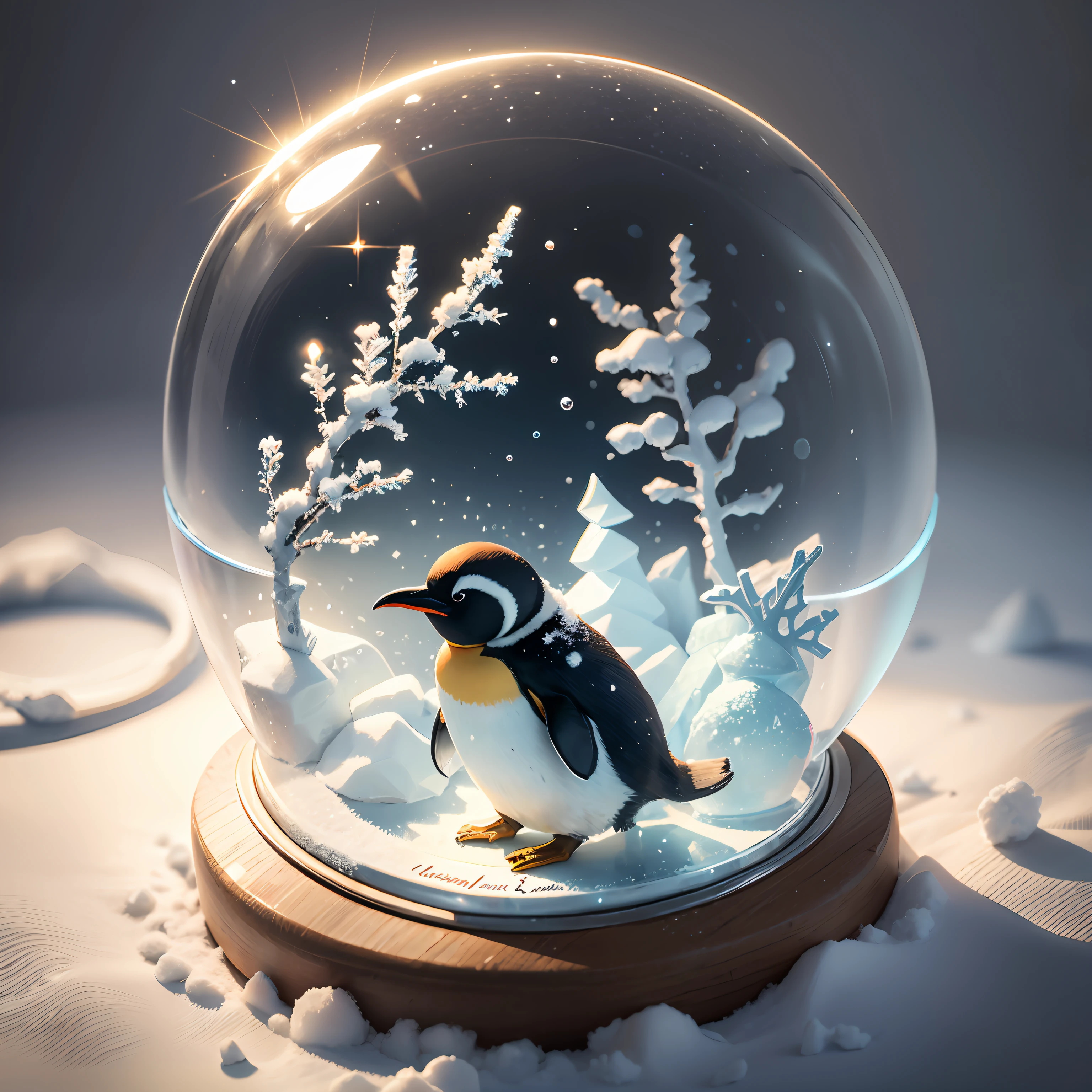 no human, joyful dancing, penguin parent and penguin child, ice skating, shimmering ice surface, Ice crystals, glowing fruits growing on trees, inside a snow globe,