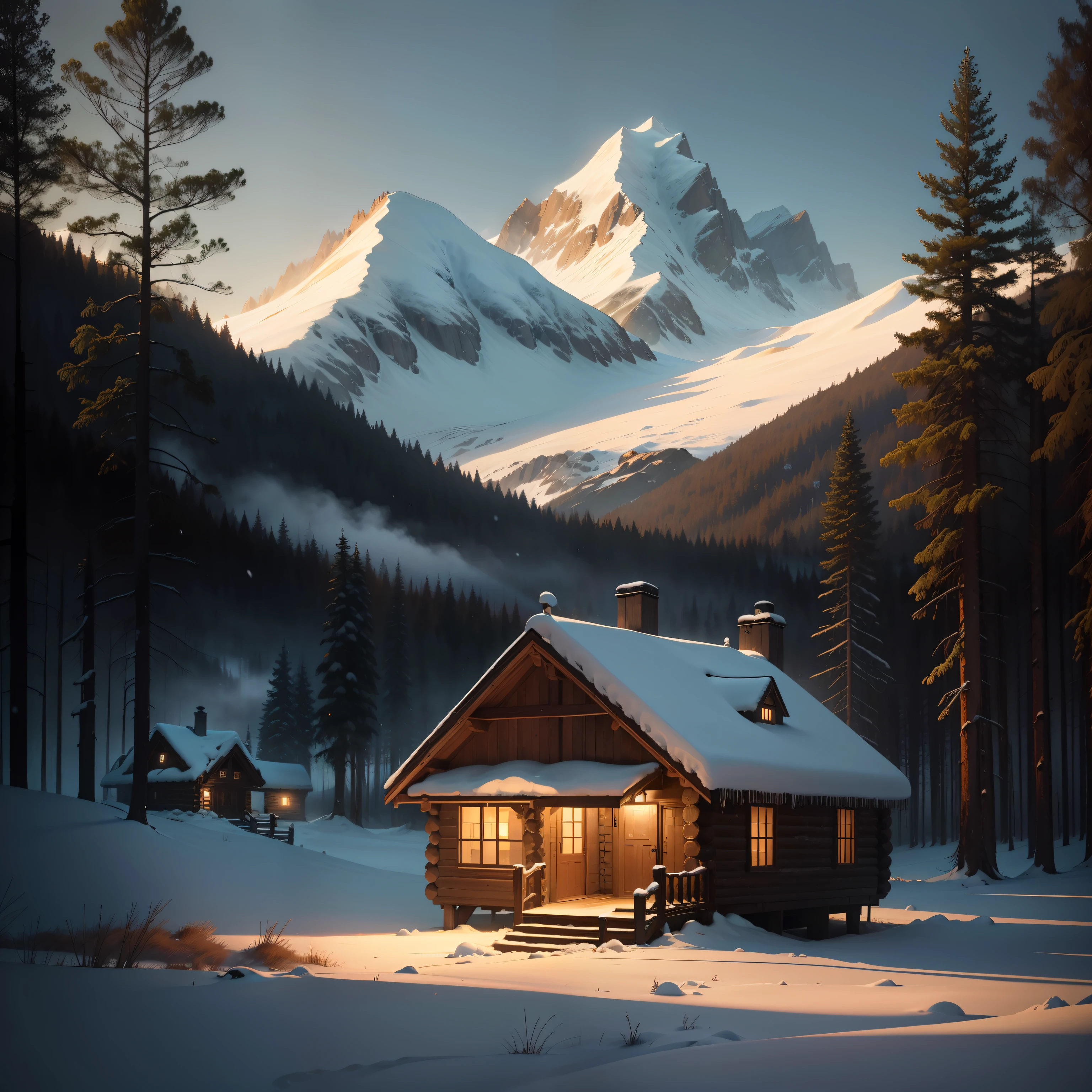 rios,ln the forest,grassy fields,dimly lit,afar,snow mountains,wooden cabin
