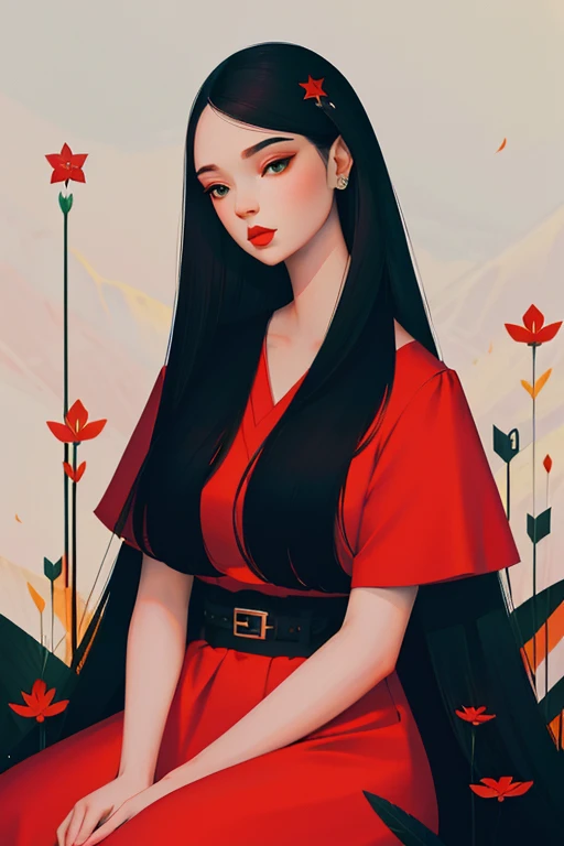 secret flower, ankymoore, beautiful  girl, girl wearing red dress, long black hair,solo, looking at viewer, grey and black , green eyes, flower,heterochromia, lipstick, kanzashi, full body image, grey and black colour combination , wearing fashionable autumn clothes