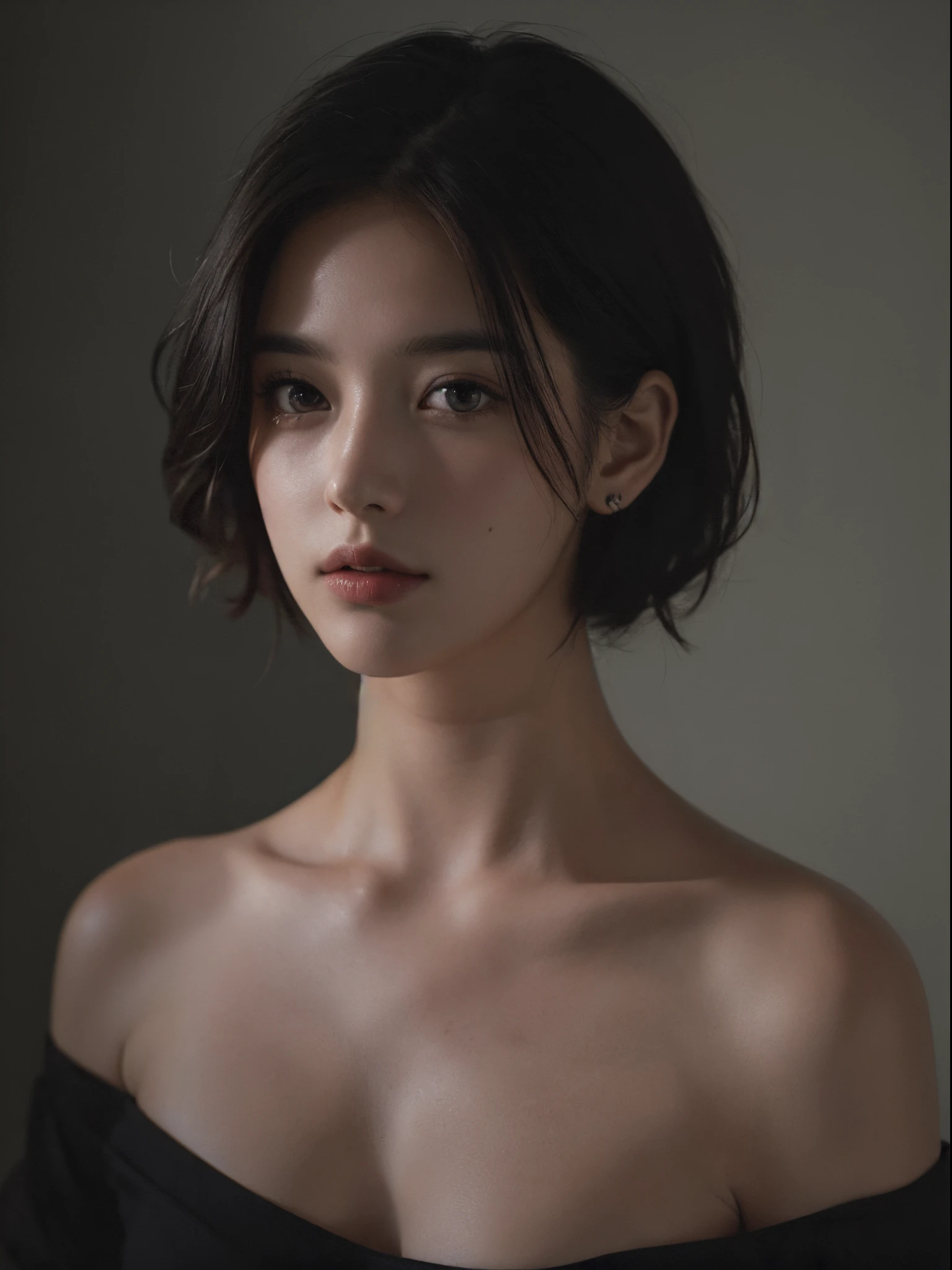 Best quality, masterpiece, ultra high res, (photorealistic:1.5), raw photo, 1girl, offshoulder, in the dark, deep shadow, low key, cold light, sexy look, short hair