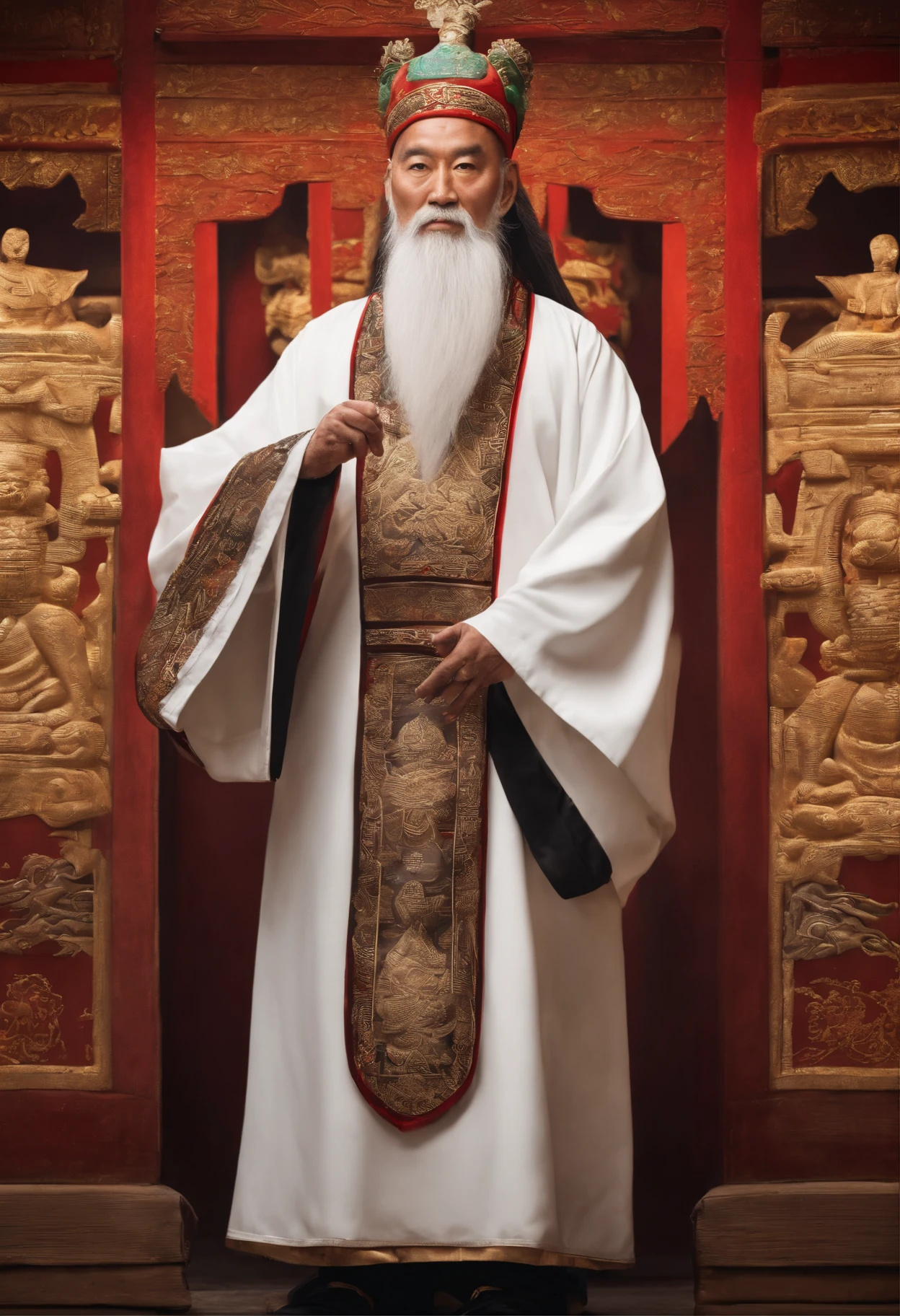 Immortal Taoist priest,with a white beard,Wearing a white Taoist uniform
