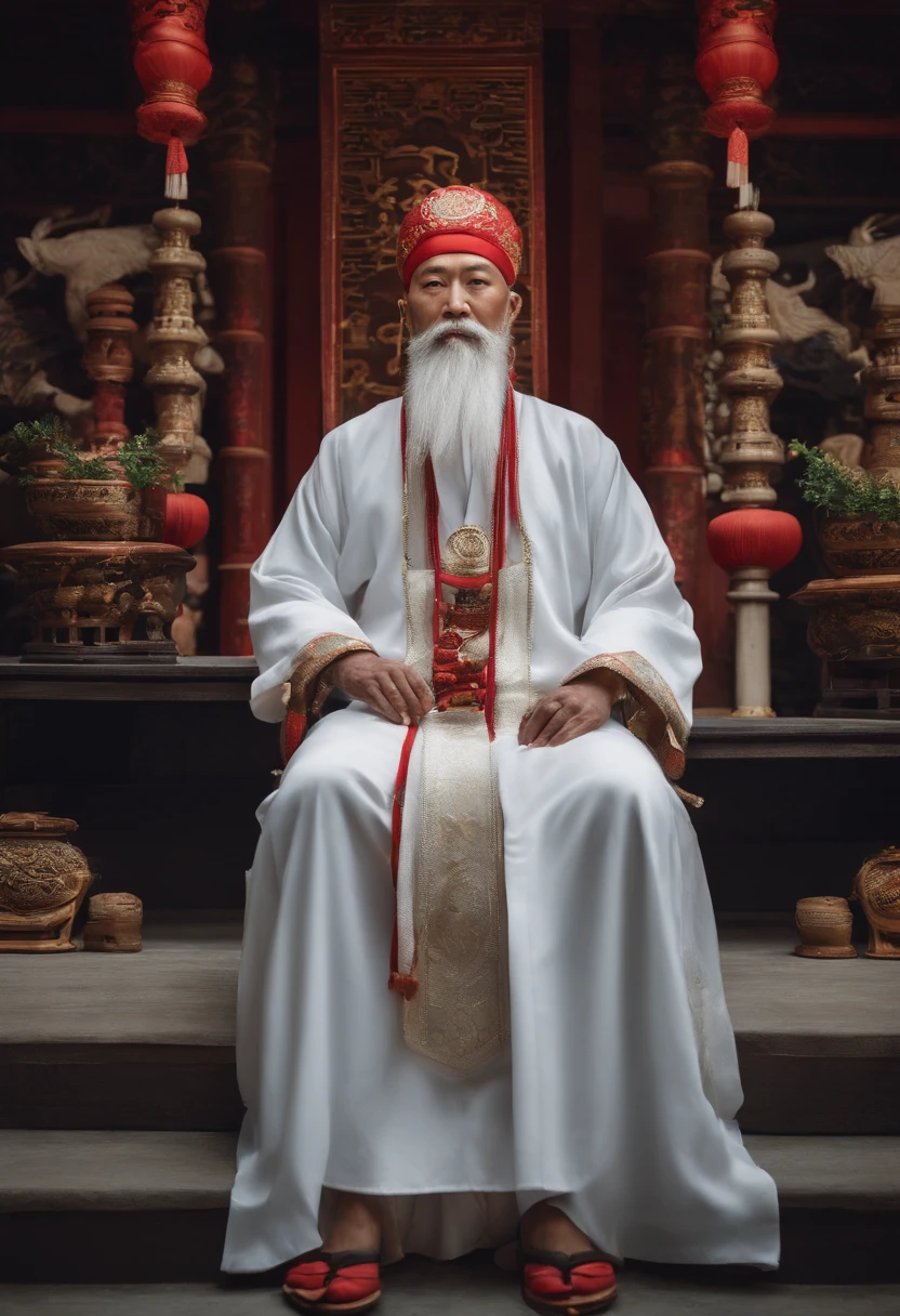 A Taoist priest with immortal demeanor，with a white beard，Wearing a white costume