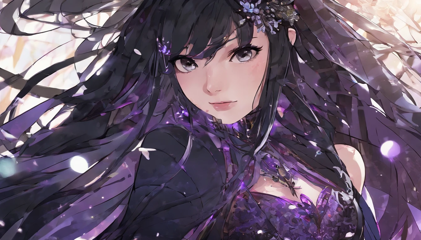 alone, One girl,Variegated eyes, Portraiture, Floating Hair,Long Hair, Lips parted, View your viewers, Gray background, Shadow, Purple eyes, eyelash, Blurred, Upper Body, flower,white flower, blue flower,Exposing shoulders,Multicolored Hair,