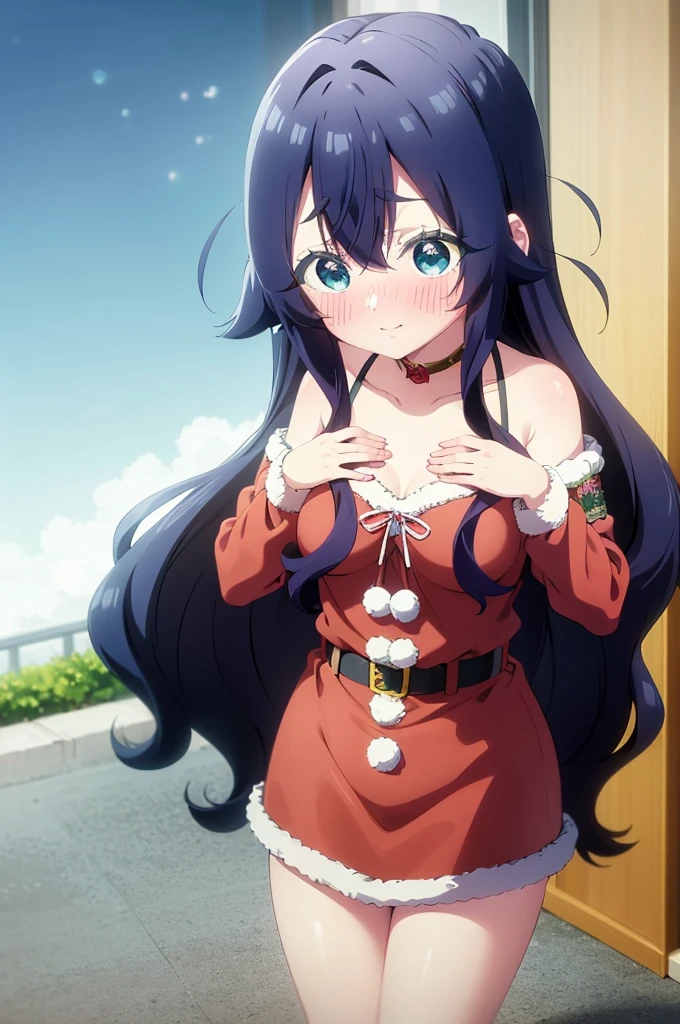 an anime girl, navy hair, blue hair, round blue eyes, (tareme) 1girl, solo, blush, long hair, ahoge, smile, (blush), embarrassed, medium breasts, ((petite)),［pale skin］, ((santa costume )) ((santa dress)) yoshimoto shizuka, Good Benjing、good book　quiet
