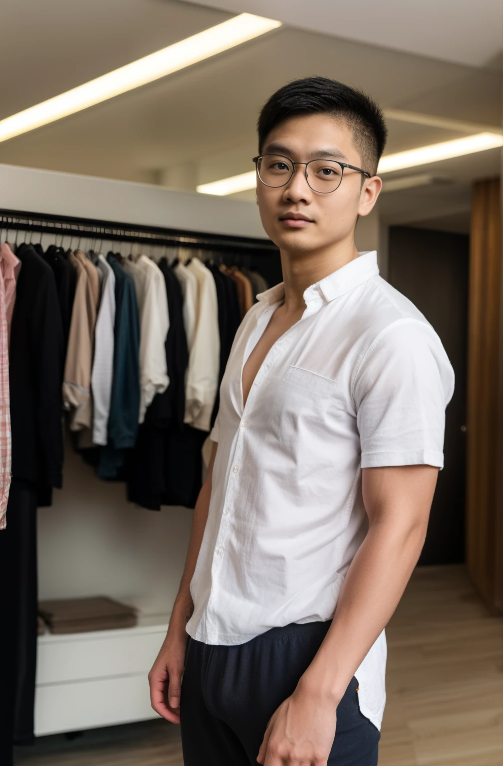 Andrew thomas huang, oval face, eyeglasses, slim muscular, (((loose shirt))), briefs, standing