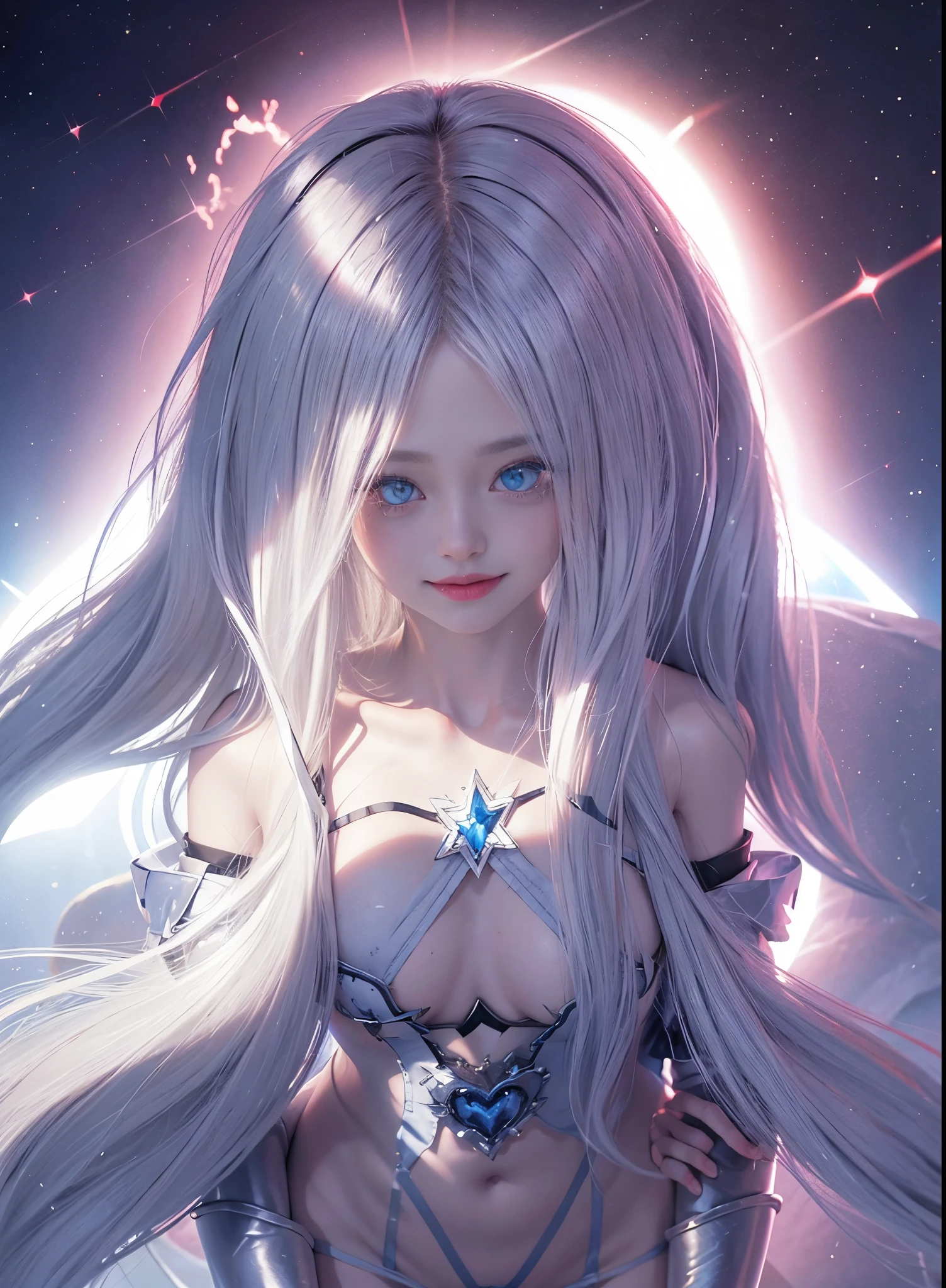 Fluorescent silver long hair,Nice face,red bikinis,Heterochromatic pupil,ssmile,rays of sunshine,Full body photo