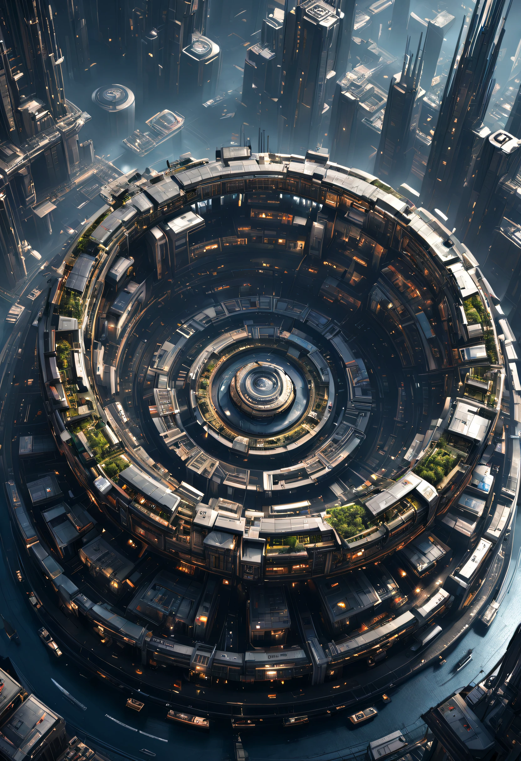 （Very unified cg scene design），（A ring-shaped future city suspended in the universe），（Neatly arranged future technology houses in the ring）Complex structure，Complex gears，The texture is clear，Intricate patterns，glyphic，Titanium Alloy，Sophisticated construction，Ultra-complex structures，future human city，sci-fy，cyber punk personage，