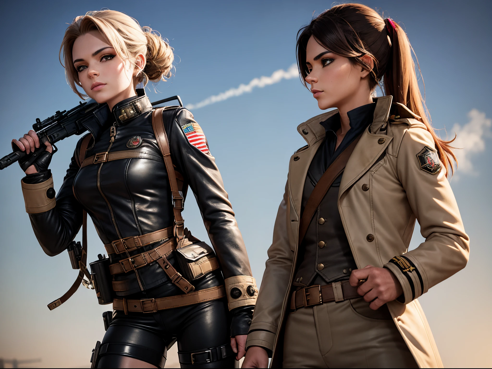 A steampunk soldier fights in a war, using a Leonardo AI-operated rifle and a jetpack, while wearing a leather jacket and a gas mask. large breast