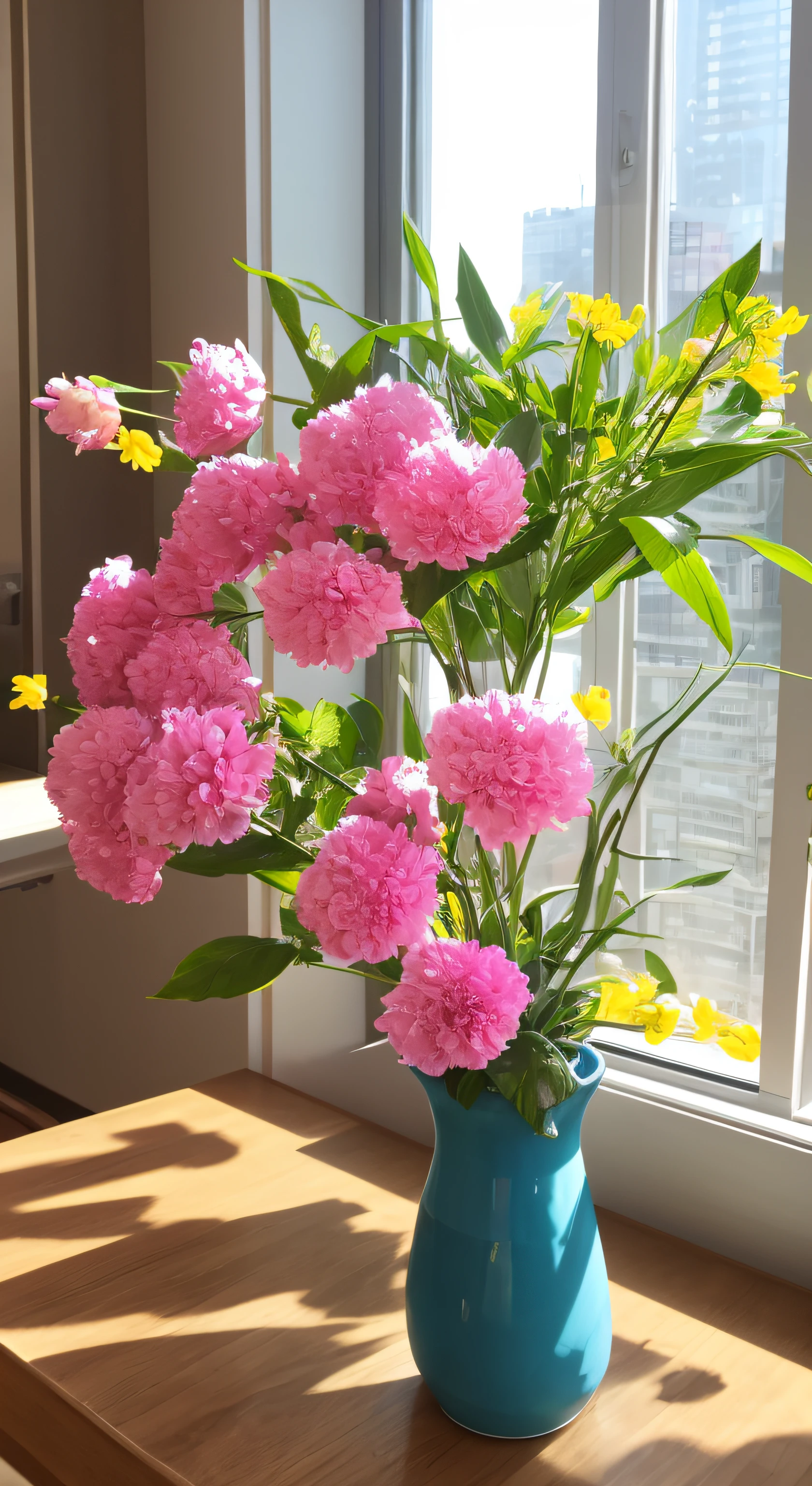 spring flowers on table, sun rays shining through window of high end apartment behind, closeup, city scene