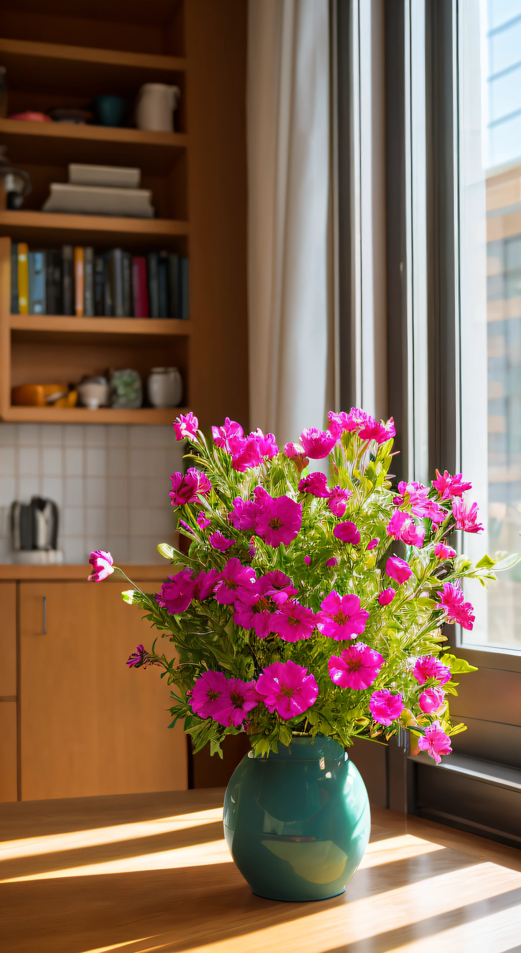 spring flowers on table, sun rays shining through window of high end apartment behind, closeup, city scene