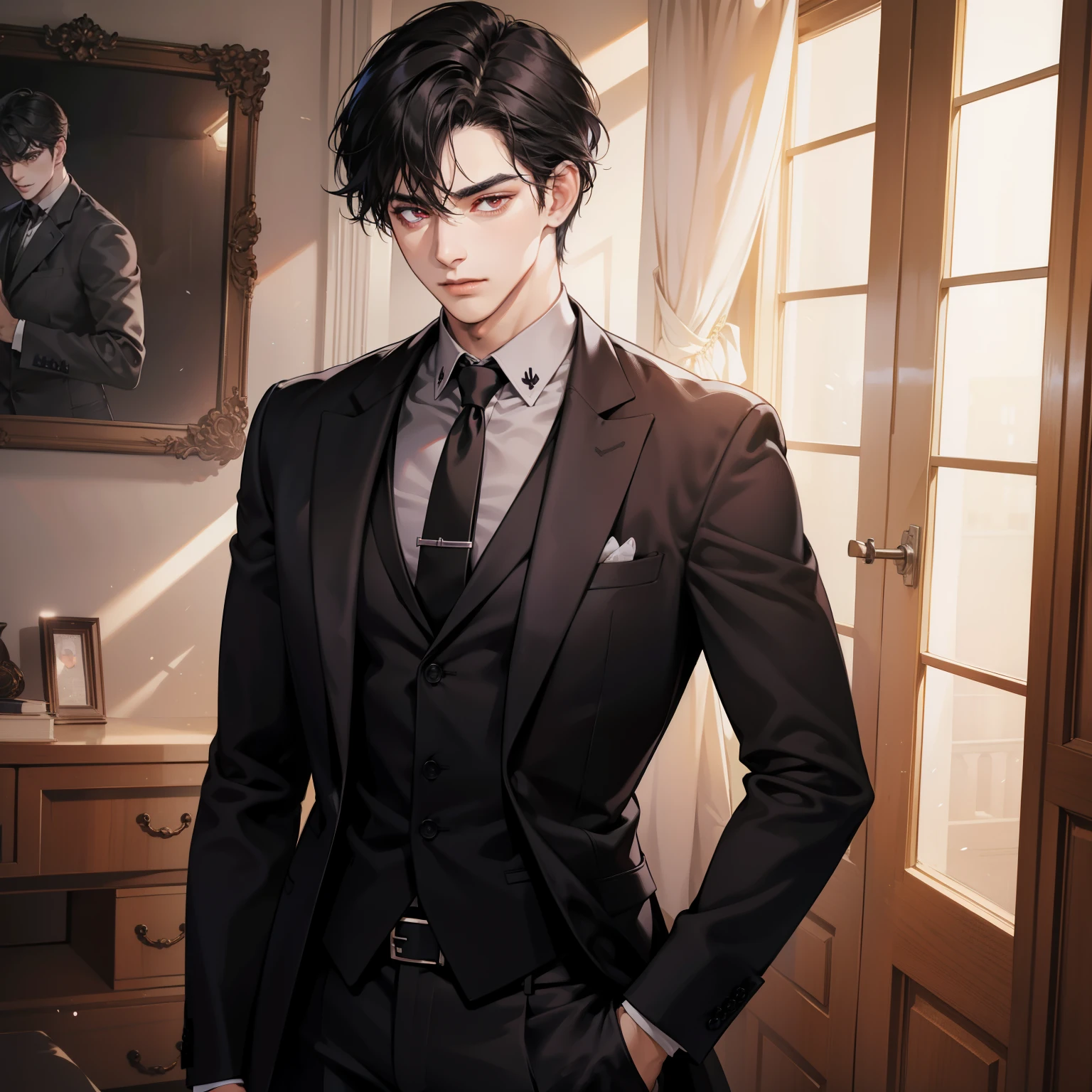 A handsome man with deep red eyes and blackish hair, wearing a all black suit, black gloves and looking at you coldly