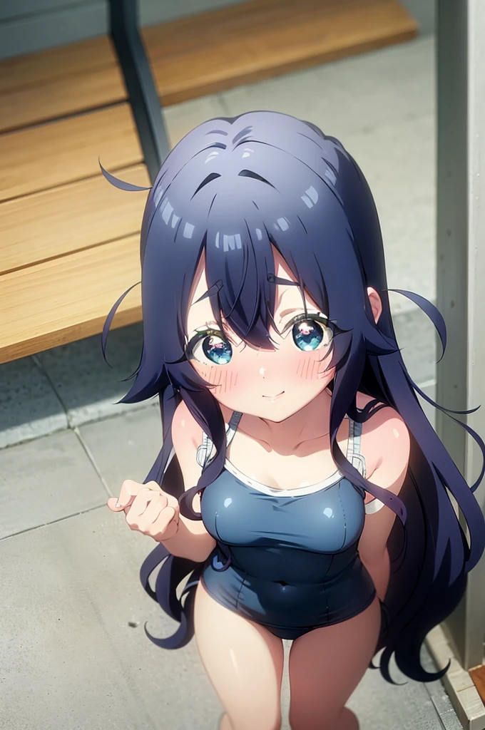 an anime girl, navy hair, blue hair, round blue eyes, (tareme) 1girl, solo, blush, long hair, ahoge, smile, (blush), embarrassed, medium breasts, ((petite)),［pale skin］, ((school swimsuit)) yoshimoto shizuka, Good Benjing、good book　quiet