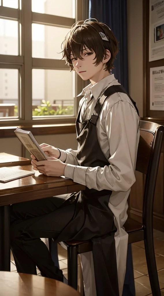 ung man,solo, male photo,Best quality, have a book,in the cafe