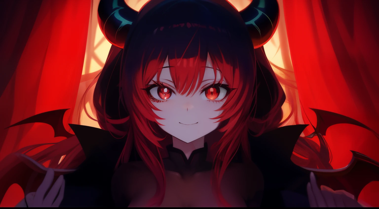 masterpiece, best quality, 1 girl, red hair, orange eyes, glowing eyes, horns, vampire girl, eyeliner, fangs, evil smile, dark atmosphere, spooky, (dark, night:1.6), outdoors, (blood on face:1.3), (blood on body), (upper body:1.3)