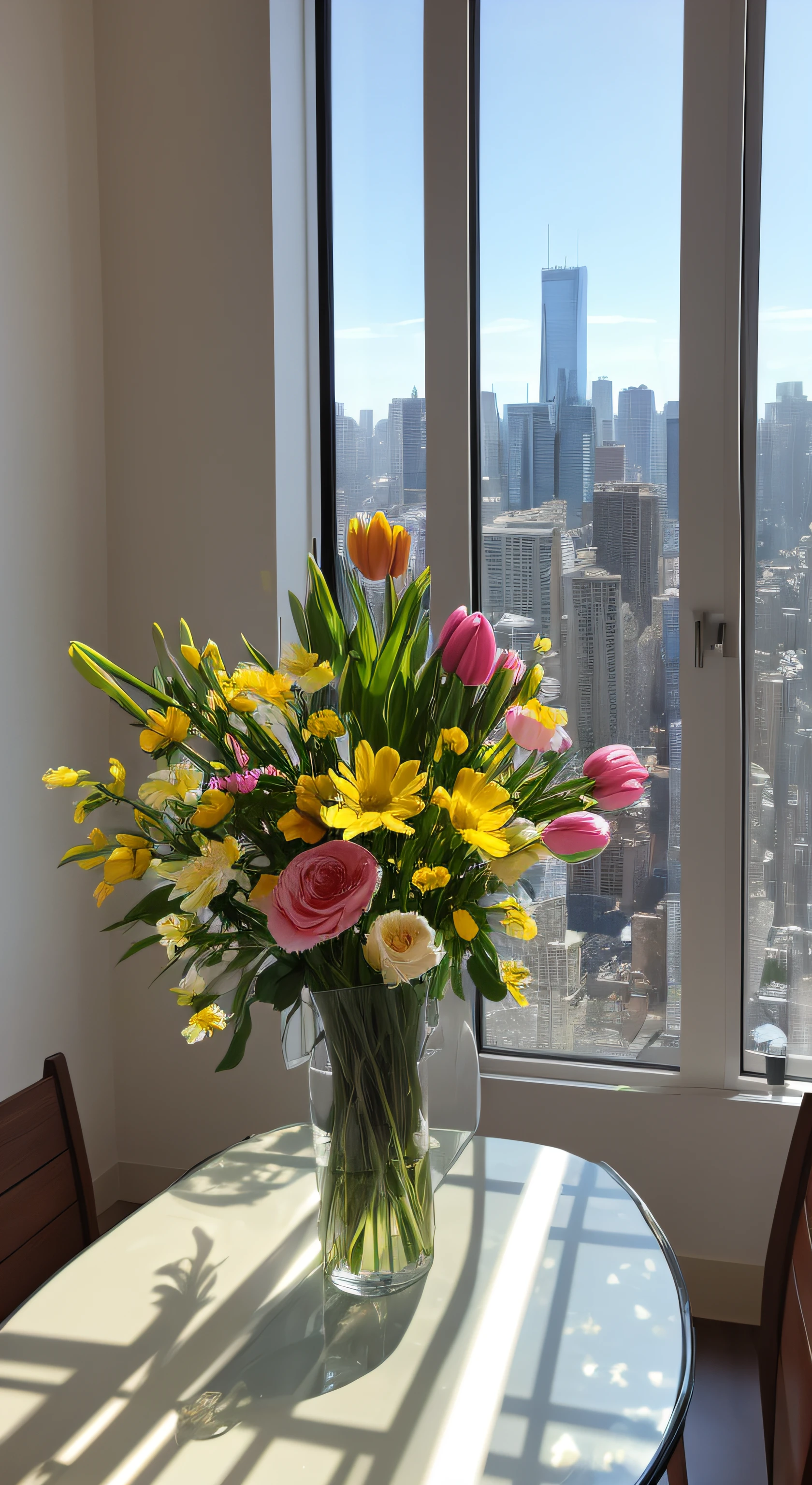 spring flowers on glass table, sun shining through window of ultra high end apartment, city scene, penthouse, view,