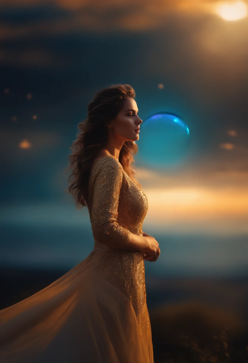 Diverse beauty in her cinematic Portrait as shot through a beautiful tilt-Shift lens crystal circles in Glow voxel art style where dark sky-blues Flow light gold shimmering as if touched by the Sun hyper dimensional piezoelectric sound waves at sunset, day's Done