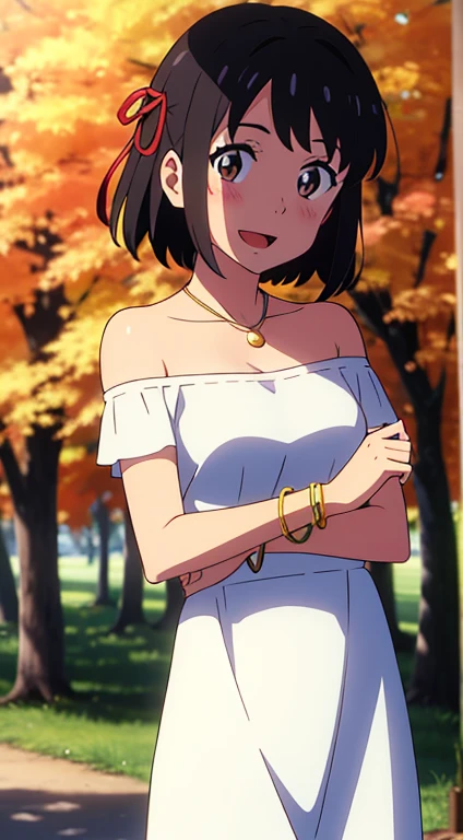 (masterpiece, best quality, high quality, highres, ultra-detailed), shinkai makoto, kimi no na wa., 1girl, bangs, black hair, blush, bright eyes, brown eyes, headband, looking at the viewer, red bow, red headband, red ribbon, dress, white dress, white off the shoulder dress, ruffle off the shoulder dress, short hair, medium breasts, solo, day, Outdoors, shiny skin, standing, shadow, smile, happy, :D, bracelet, necklace, upper-body, {{{{{{in autumn}}}}}}, maple tree, falling leaves, autumn scenery, warm color., beautiful, pretty, {{{{fluttering leaves}}}}